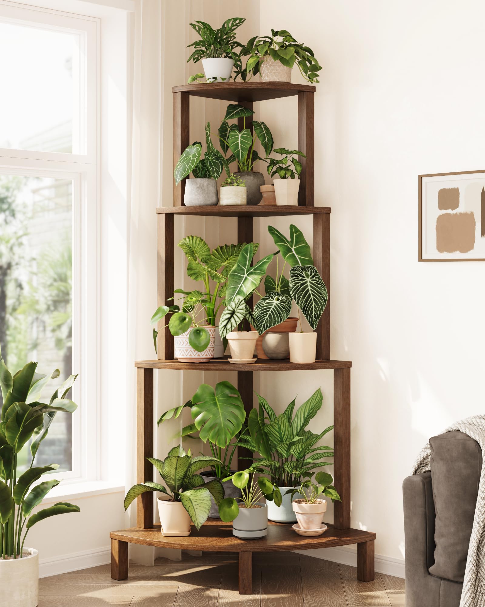 Bamworld Étagère d'angle pour plantes, support à 4 niveaux, étagère d'intérieur en bois pour plantes, hauteur 66 pouces, décoration de jardin pour le salon et le balcon | Étagères de 167,6 cm de haut, décoration de jardin pour salon, balcon