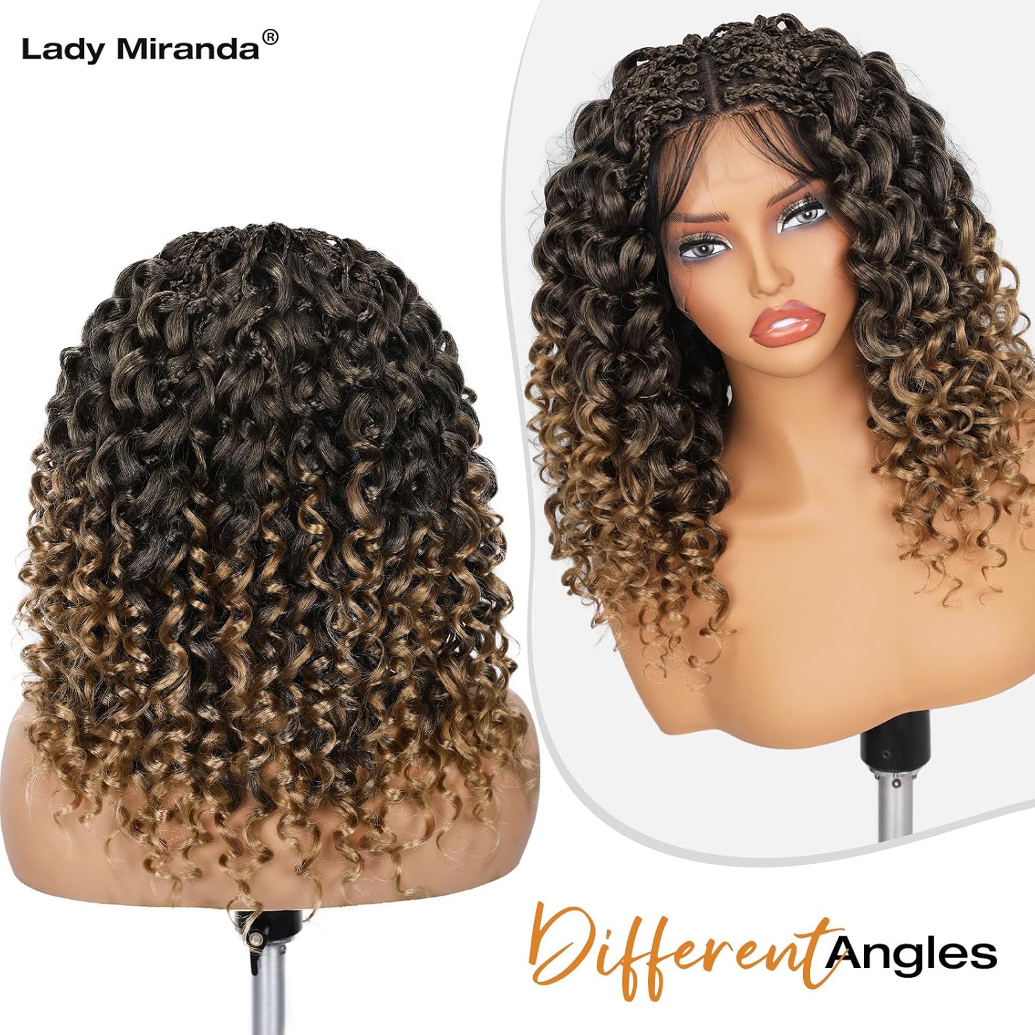 Lady Miranda Double Full Lace Curl Braided Wigs for Black Women Synthetic Lace Front Wigs Natural Knotless Curly Braided Wig with Baby Hair Synthetic False Hair(1B/27, 12 Inch)