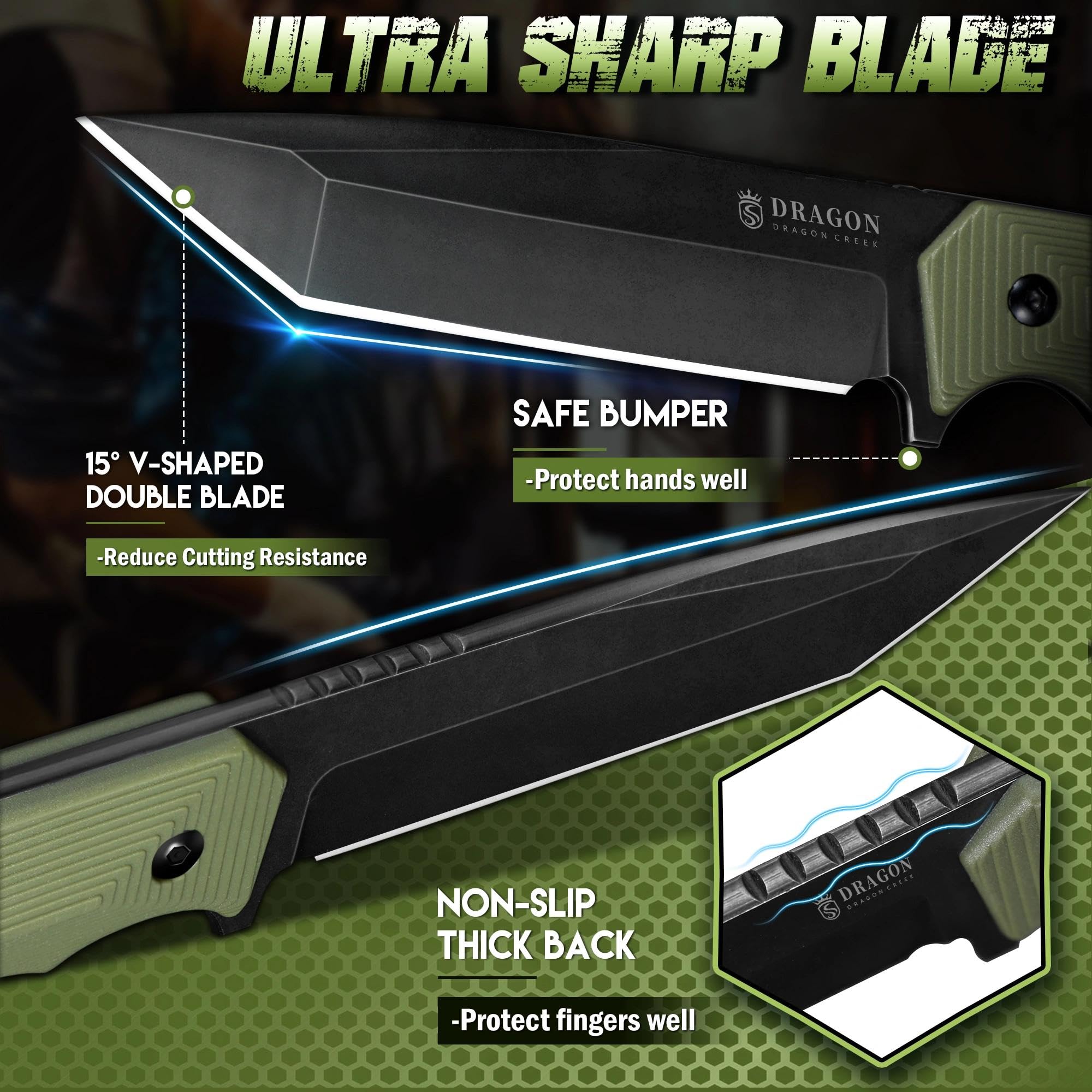 Dragon Creek Outdoor Messer feststehend-Tanto-Klinge,Ergonomischer Griff,Kydex-Scheide-Bushcraft Survival Einsatzmesser für Camping & Trekking(Grün)