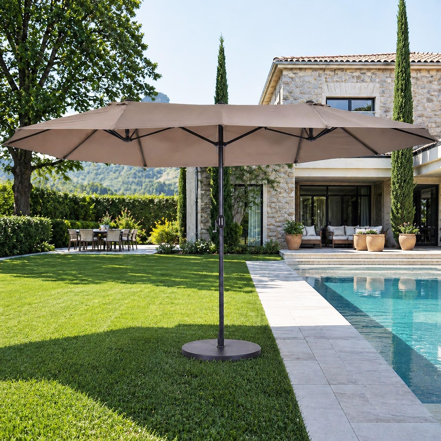 Ombrellone Doppio Da Giardino Parasole 4.6 x 2.4 M Per Esterno Piscina Terrazzo Con Palo In Acciaio E Tessuto In Poliestere Impermeabilie Anti UV Apertura A Manovella Colore Caffè