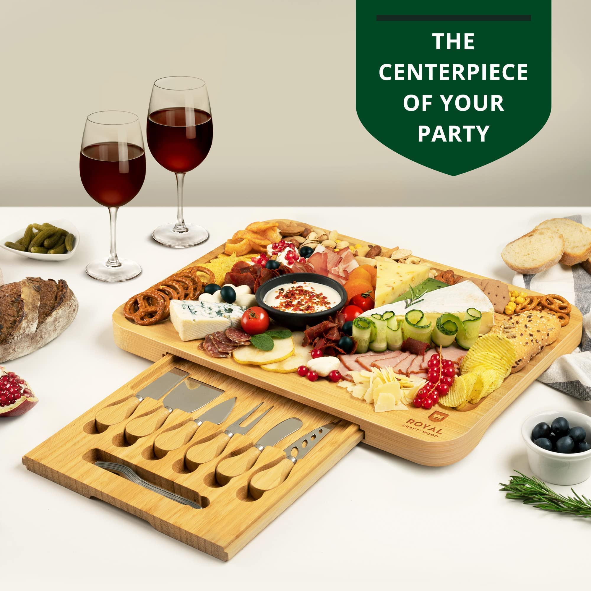 Large Cheese Board and Knife Set Charcuterie Board Set Unique Bamboo