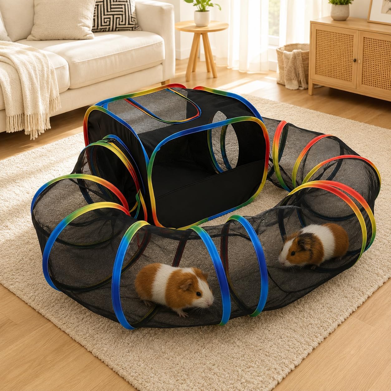 Square Playpen with Tunnel for Guinea Pigs & Rabbits, Black & Rainbow Colors, 98.4’’ Extended Tunnel, Open Top, Indoor Play Area for Small Pets