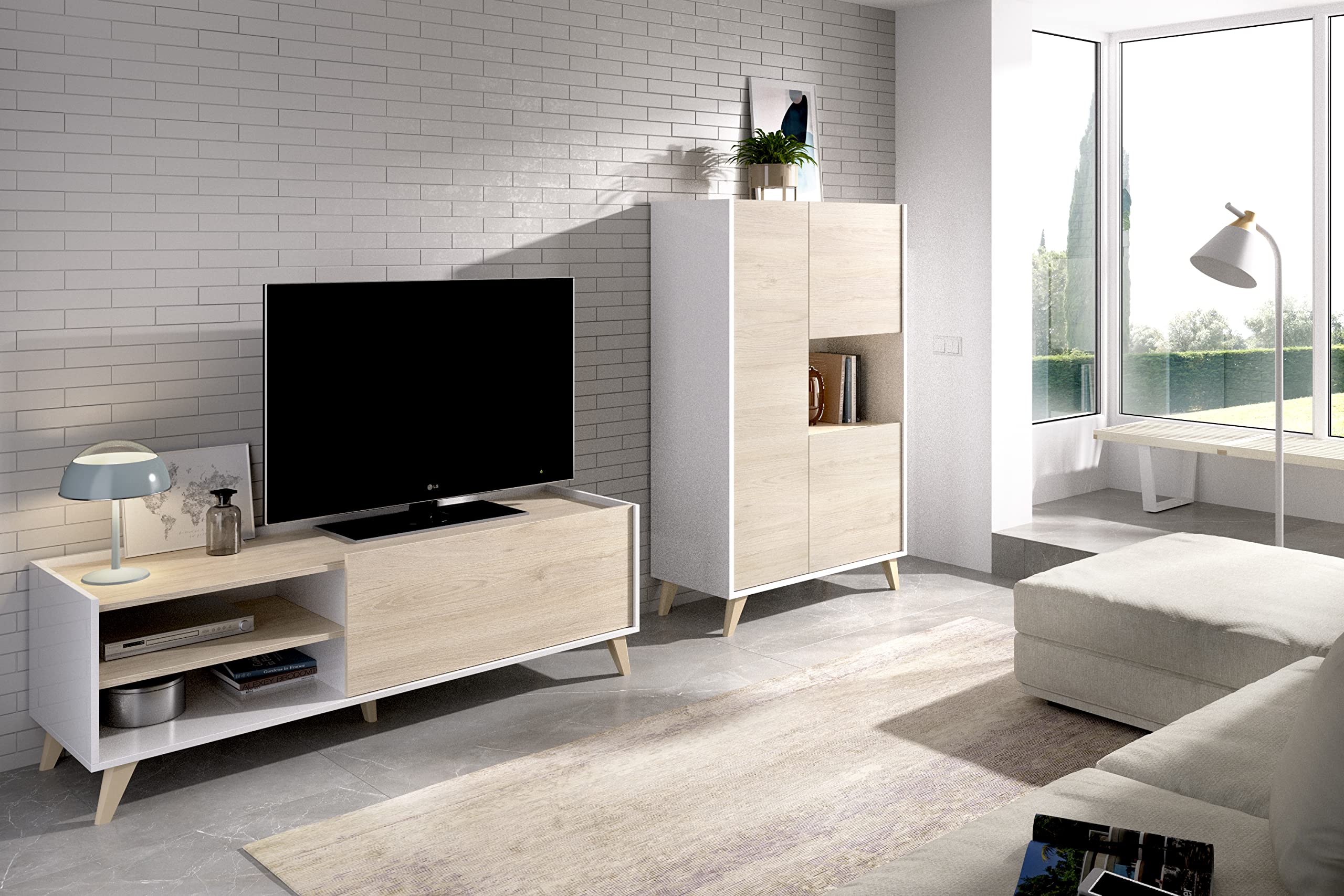 DEKIT GRUPO RIMOBEL Ness 5 Salón Completo, Melamina, Blanco y Roble Natural