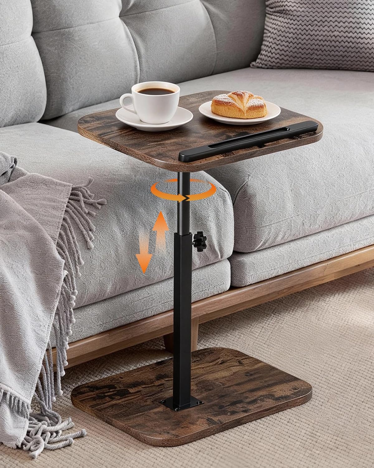 C Shaped End Table with Adjustable Height & 360° Swivel Top, Side Table & TV Tray Table for Living Room, Bedroom, Small Spaces, Brown