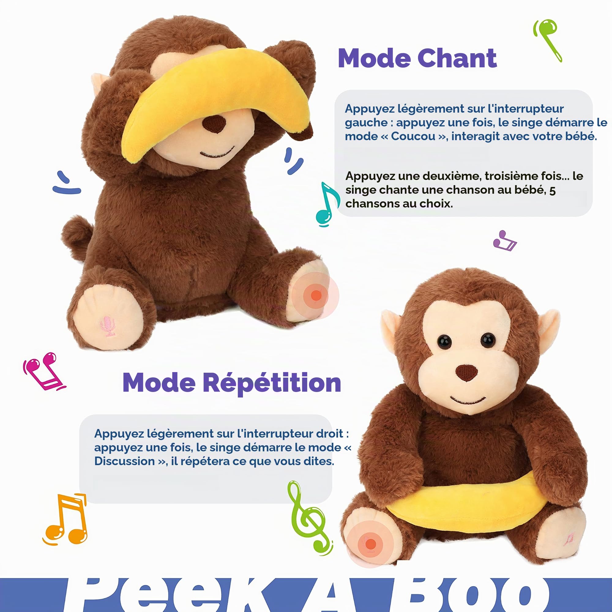 Hopearl Peek Jouet en Peluche interactif à partir de 3 Ans Un Singe Boo avec Banane répète ce Que Vous Dites Jouet en Peluche Musical Chantant Adorable électrique Animate Festival d'anniversaire