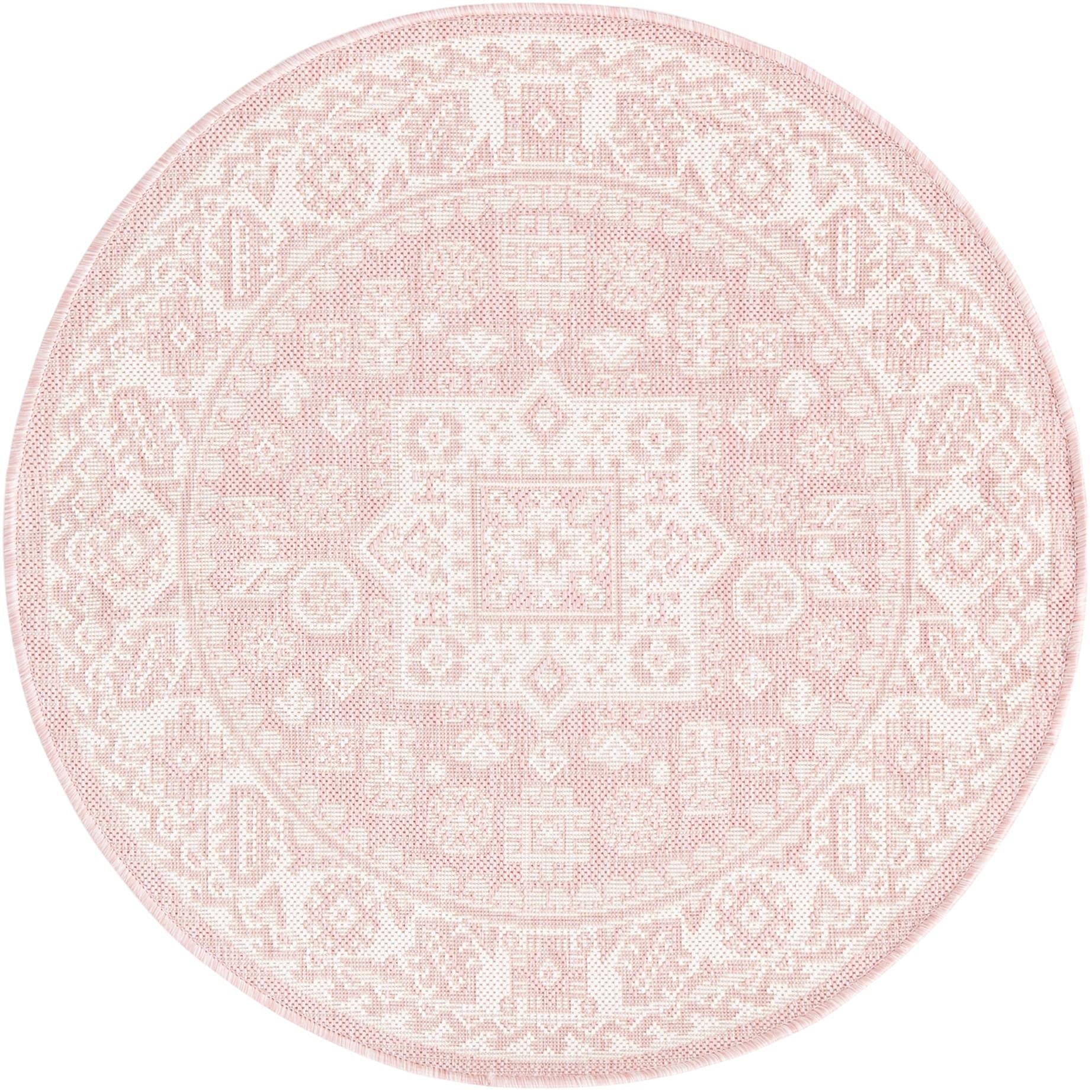 Rugs.com Outdoor Aztec Collection Rug – 3 Ft Round Pink Flatweave Rug Perfect for Kitchens, Dining R