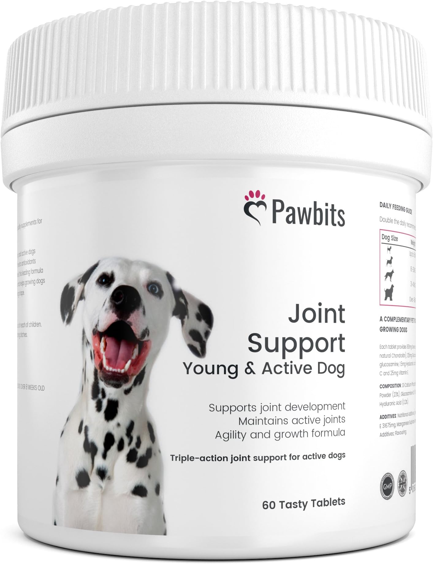 Pawbits Young + Active Dog Joint Supplement 60 Tablets Anti-Inflammatory Relief with Green Lipped Mussel Hyaluronic Acid & Glucosamine