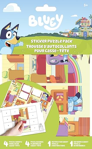 Trends International - Paquete de rompecabezas de calcomanías Bluey Bandit and Chilli Adventures - 12 rompecabezas, 4 tableros - Multicolor -