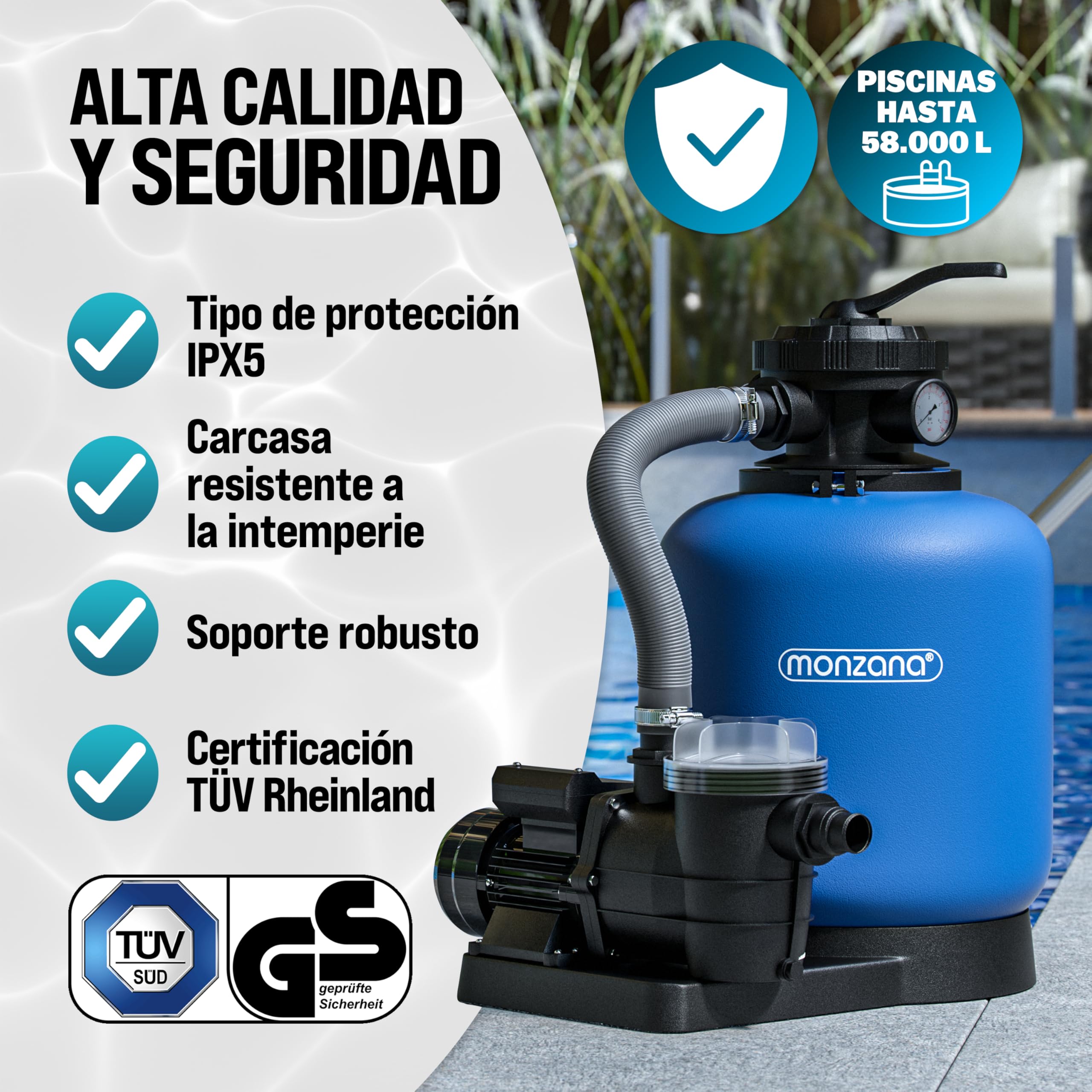 MONZANA Depuradora Piscina 13.200L/h | Filtro Arena 58.000L, Vidrio Filtrante, Válvula 7 Funciones Filtrado, Bomba, 600W, Adaptador Ø32-38mm, Indicador Presión