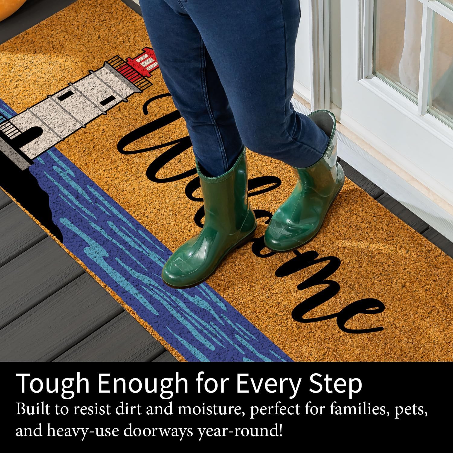 Evergreen Lighthouse Coir Doormat, 2'x5' Welcome Mats for Double Doors, Outdoor Indoor Entrance Rug, Non-Slip Front Door Mat for Beach House Porch Patio (Welcome Red Lighthouse, 60"x24")