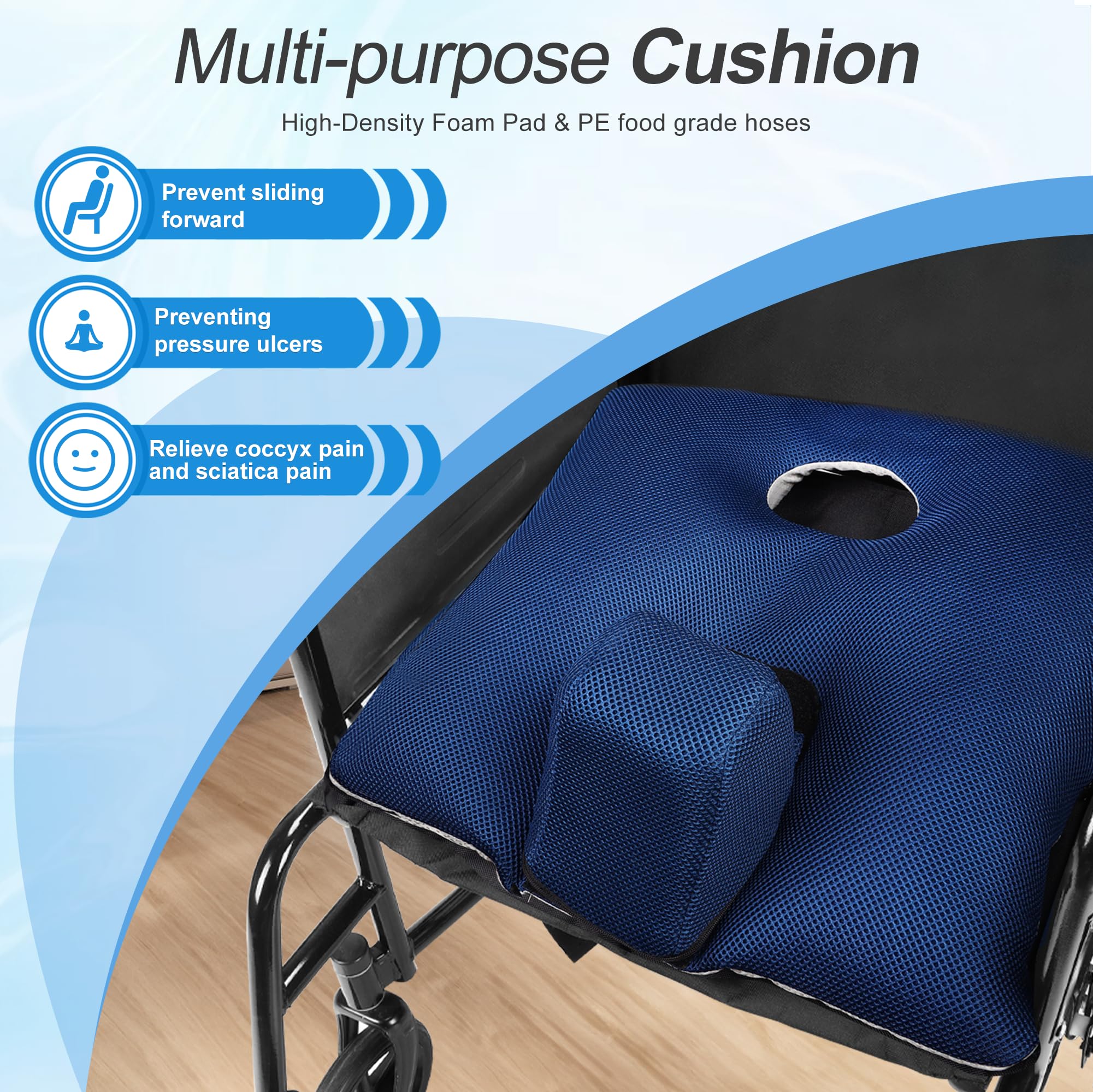 Cuscino a cuneo per sedia a rotelle con cinghie di sicurezza, cuscino antiscivolo per sedia a rotelle per alleviare la pressione, previene lo scivolamento in avanti, fornisce abduzione delle