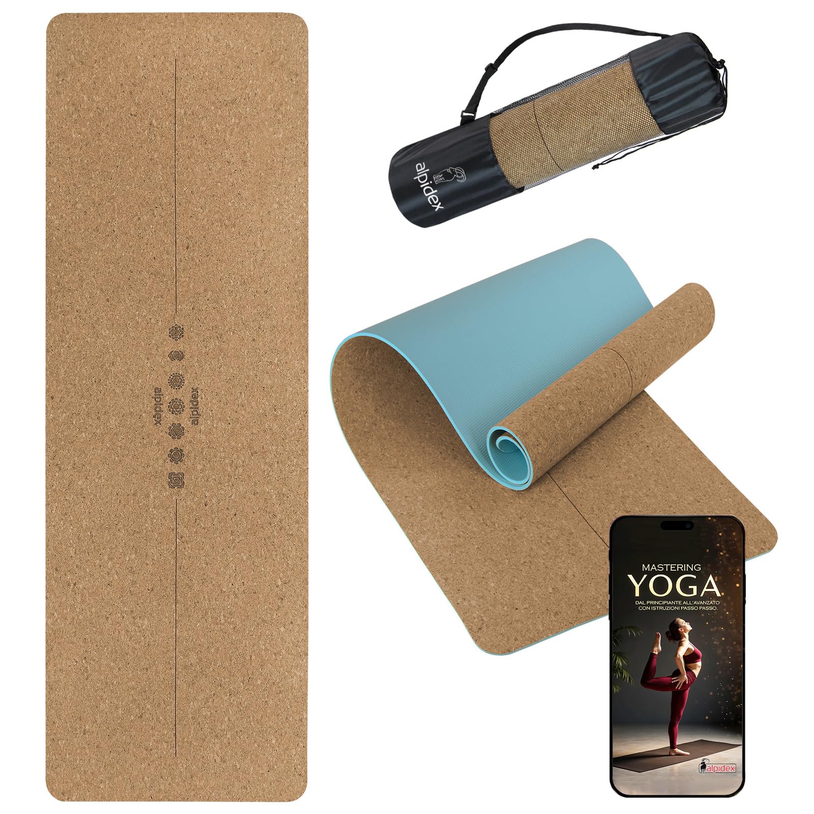 ALPIDEX Tappetino Yoga Sughero TPE 183 x 61 x 0,6 cm E-Book Borsa da Trasporto Antiscivolo Linee Orientamento Fitness Pilates Ginnastica Mat