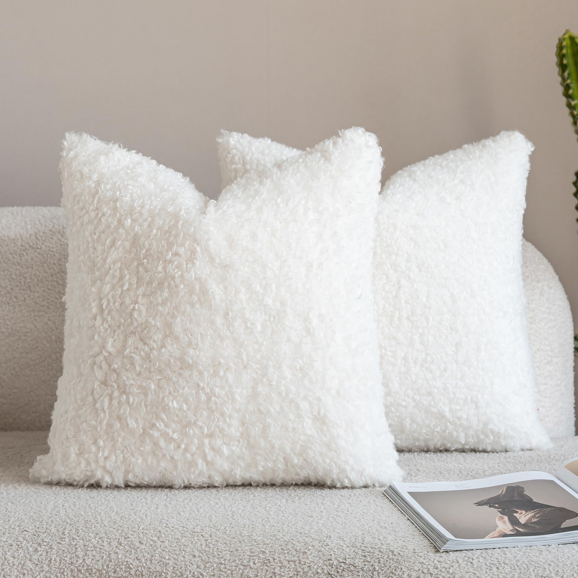 Housses de coussin sherpa 45x45 cm Neelvin lot de 2 boucle blanc pour canapé salon