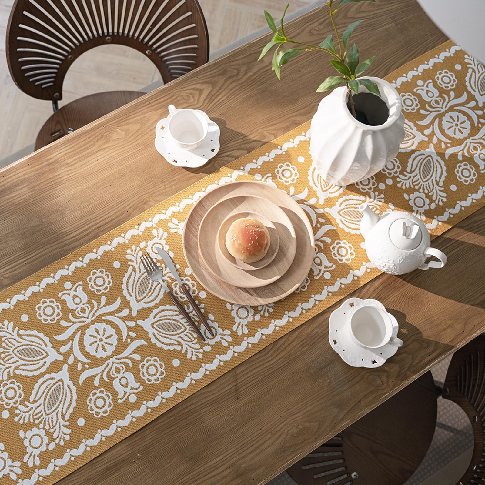 Tischläufer Polyester Wohnzimmer, Tischläufer Hochzeit 35x180 cm, Weißer Jacquard mit Blumenmuster und Quasten
