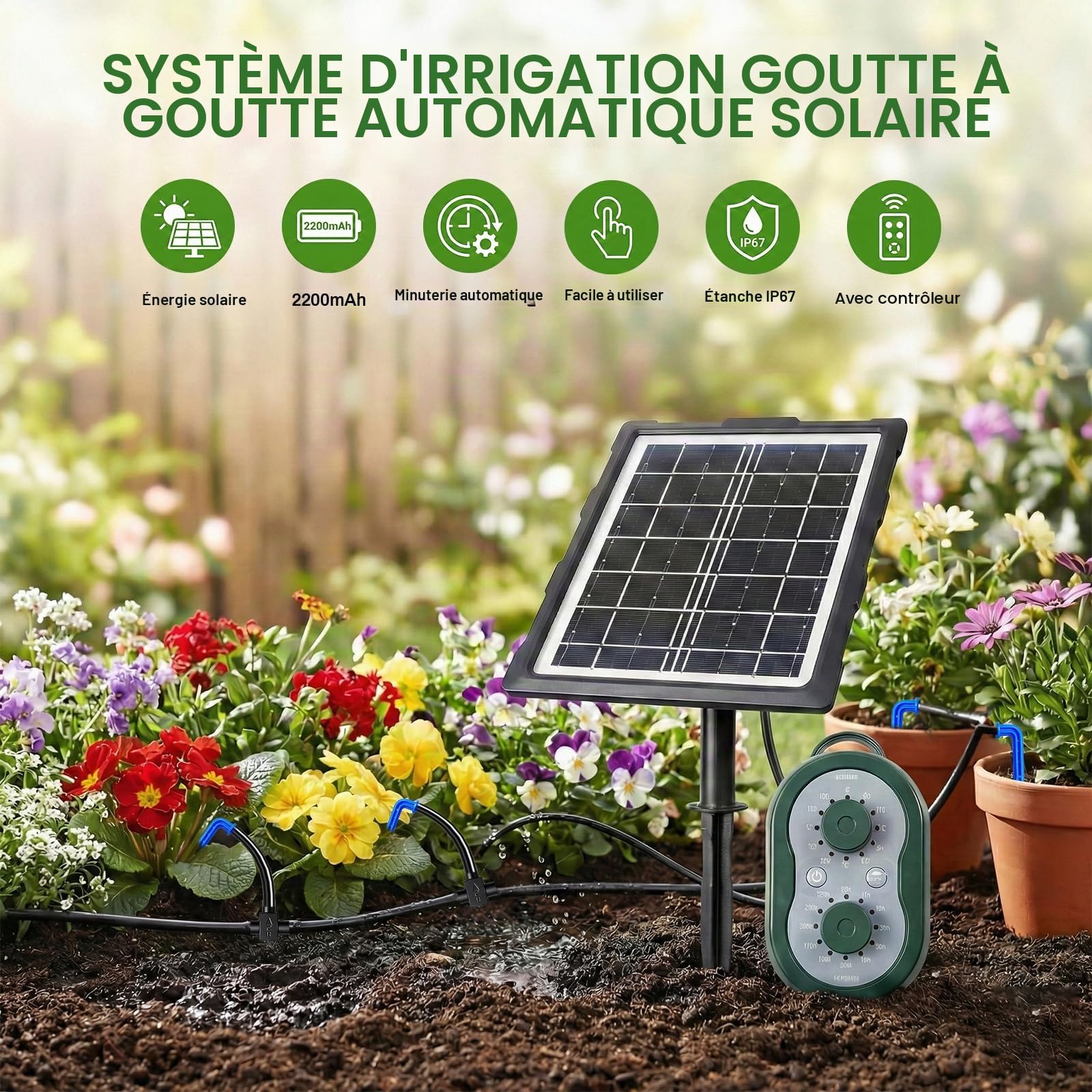 Système d'arrosage solaire automatique recharge USB tuyau 15 m pour jardinières jardin balcon serre