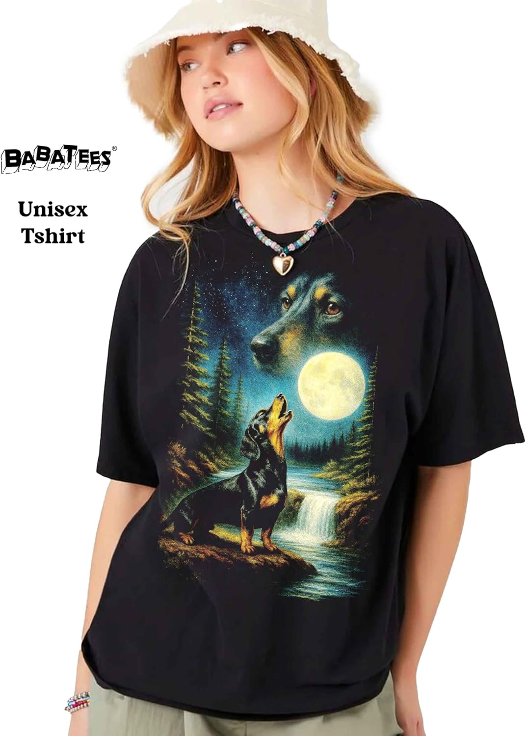 Dachshund T-Shirt, Moonlit Night Art Design, 100% Cotton, Classic Fit, Unisex - Image 3