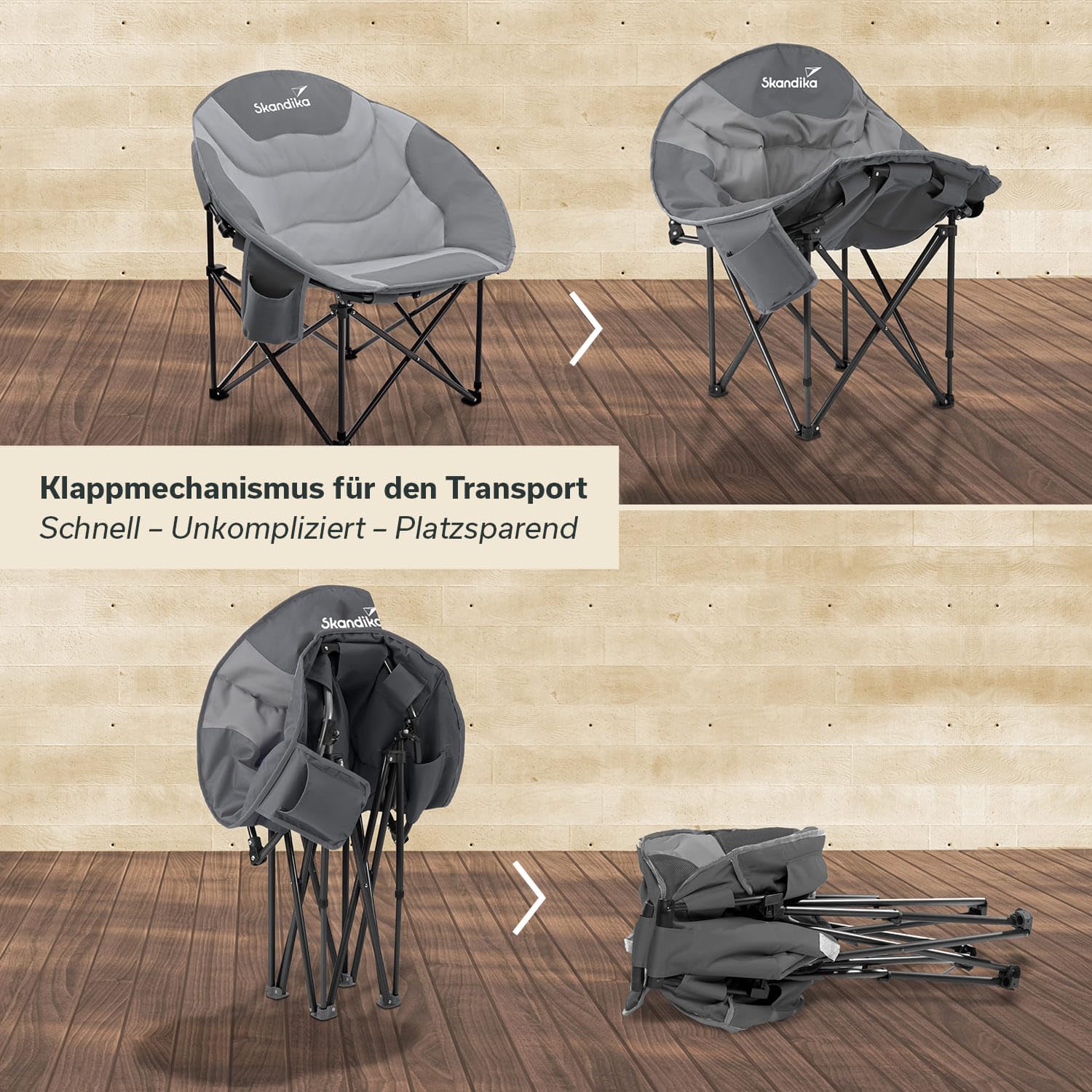 Skandika Moonchair Sirkka | Bequemer Campingstuhl, gepolstert, klappbar, Kühlfach, Getränkehalter, Tragegriff und Tragetasche, Anti-Rutsch-Füße, max. 150 kg | Camping Sessel, Mondsessel