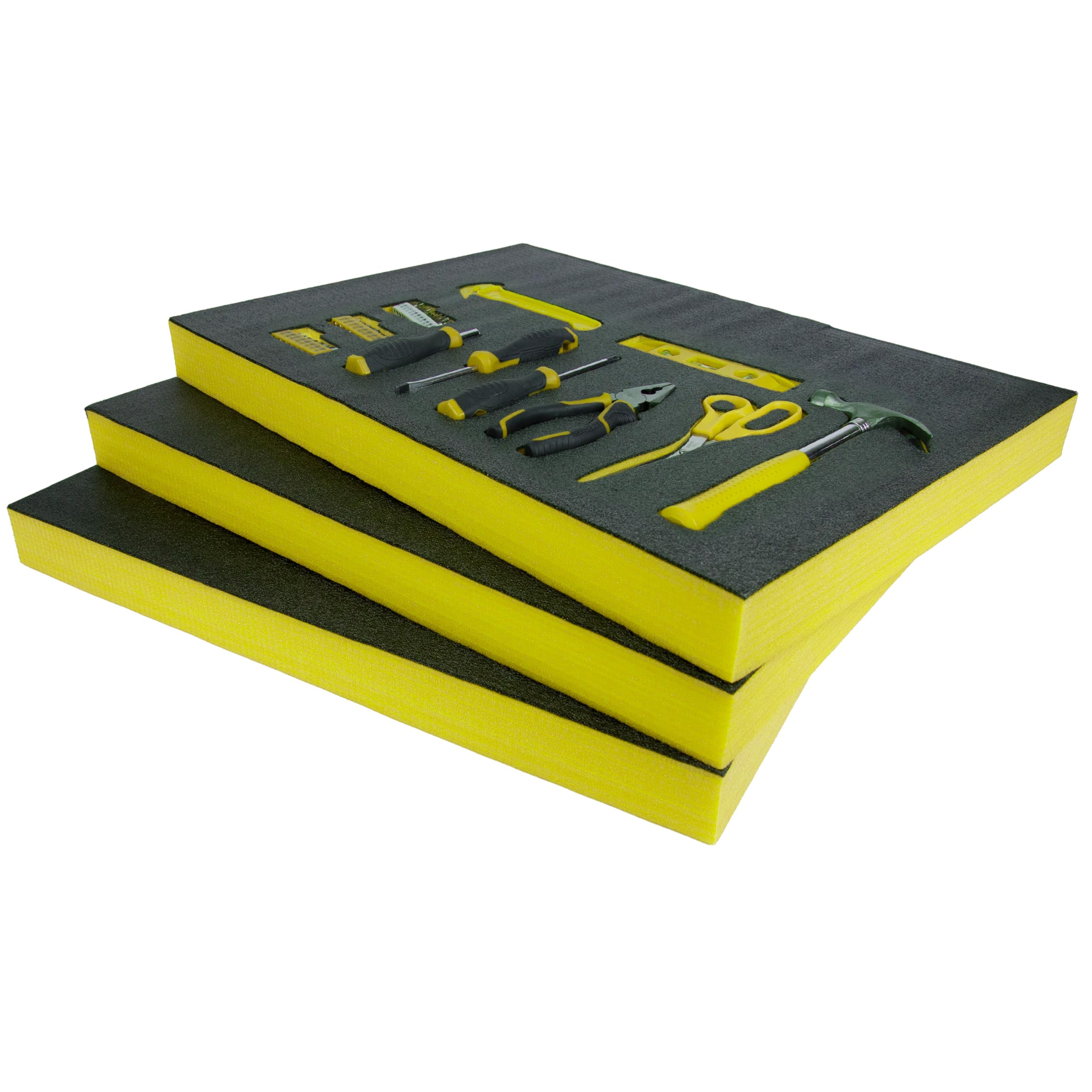 X-Foam Customizable Toolbox & Equipment Insert with Stencil – Cut-to-Fit Protective Tool Liner (600mm X 420mm X 50mm - Yellow - 3 Sheets) Kaizen Draw Organizer Foam Sheet