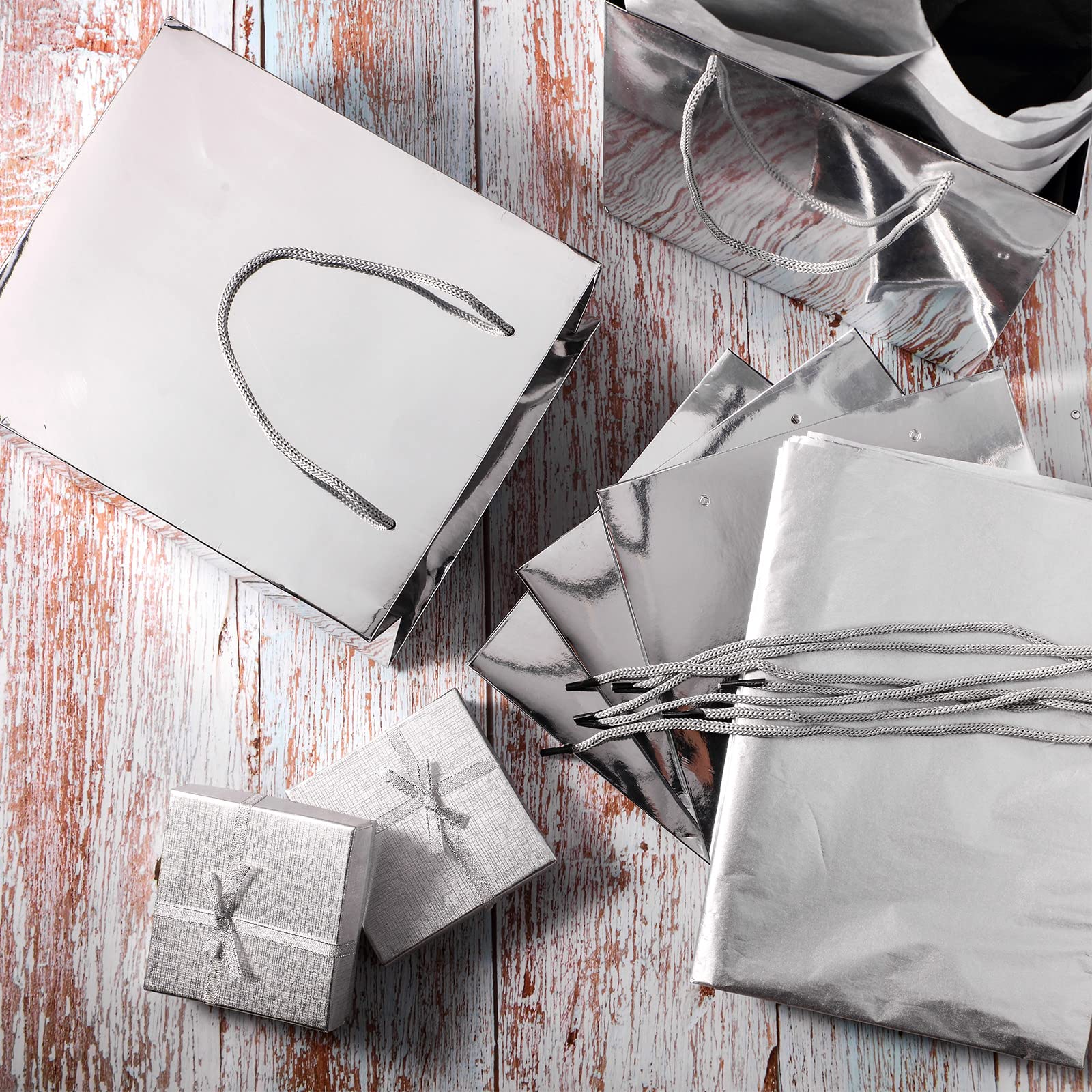 TaoBary 12 Pack Silver Gift Bags with Tissue Paper, 9''x8''x4'' Metallic Paper Bags with Handles, Medium Size for Wedding, Birthday, Baby Shower Party Favors