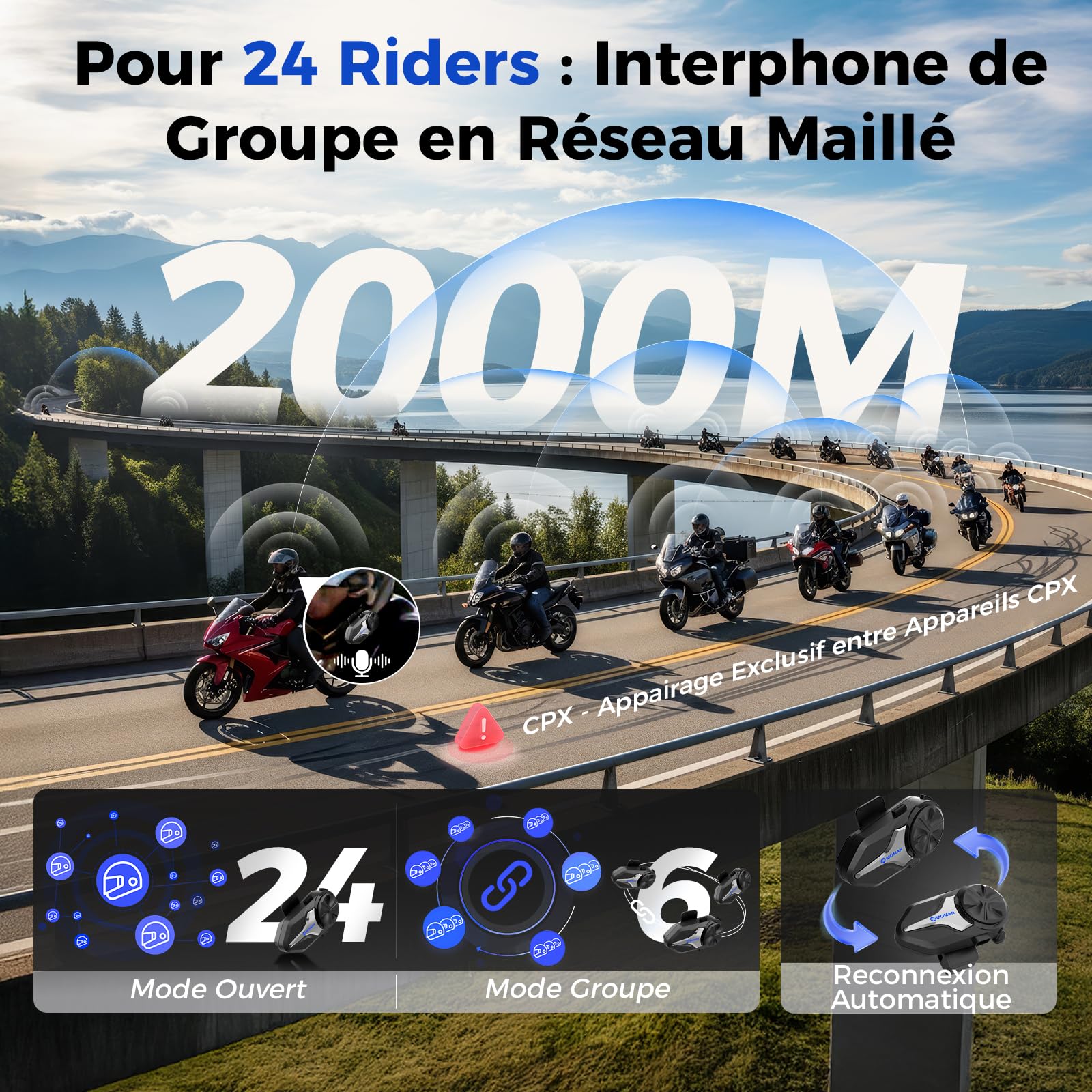 Moman Intercom Moto CPX, Dual-Mode Mesh 24 Riders, 2 Interphone pour Casque Moto BT 5.4 - Communication 2000m, Réduction Bruit IA, Stéréo Hi-FI, Assistant Vocal, IP65, FM