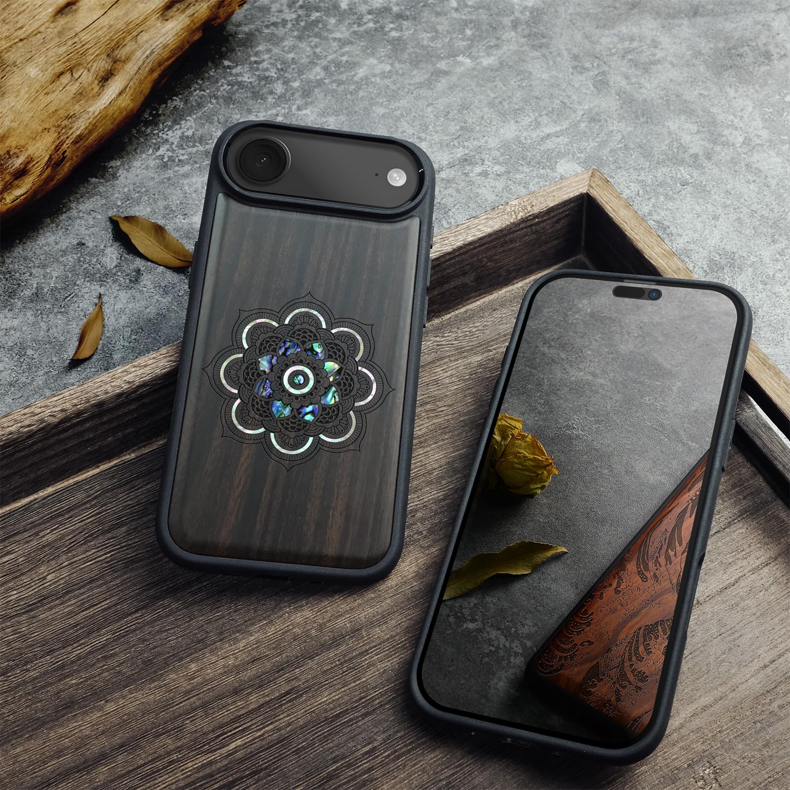 Carveit Funda Magnética para iPhone Air Compatible MagSafe [Madera y incrustación de mejillones] Protectora Antigolpes para iPhone 17 Air Carcasa (Madera Oscura-Armonía Floral mística)