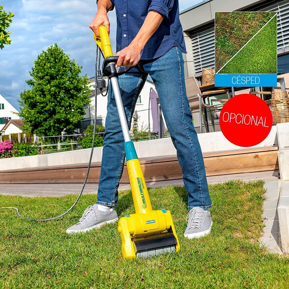 Gloria MultiBrush speedcontrol - Cepillo eléctrico multifuncional para jardín: limpieza de juntas, madera, piedra, eliminación de musgo y hierba, recortadora, escarificadora, incluye 2 accesorios