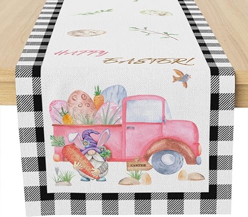 Camino de mesa de Pascua decoración de Pascua a cuadros camino de Pascua huevos de conejo de Pascua y gnomos camión de primavera vacaciones cocina