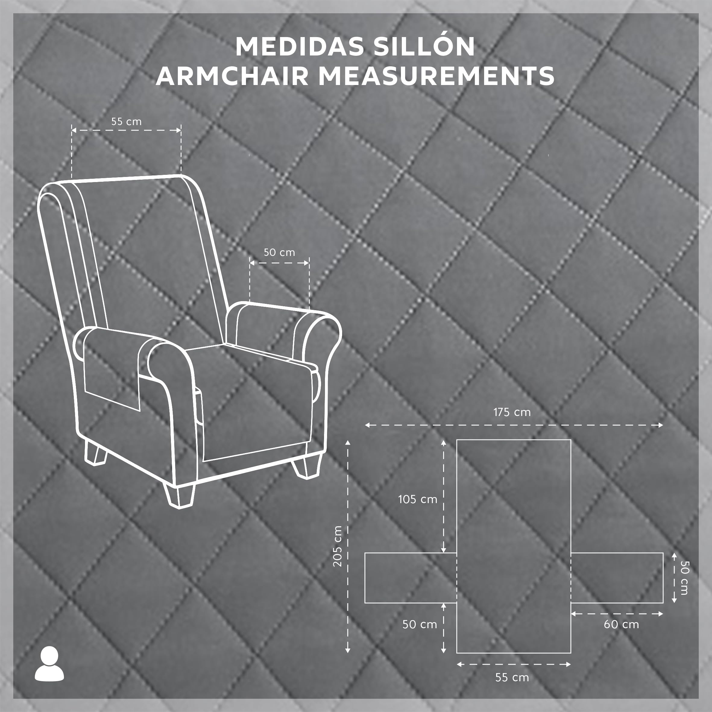 Textilhome Copridivano Malu 1 Posti con Braccioli – Copripoltrona Relax e Orecchioni Reversibile, Imbottito, Protezione Antigraffio per Divani, Colore Grey