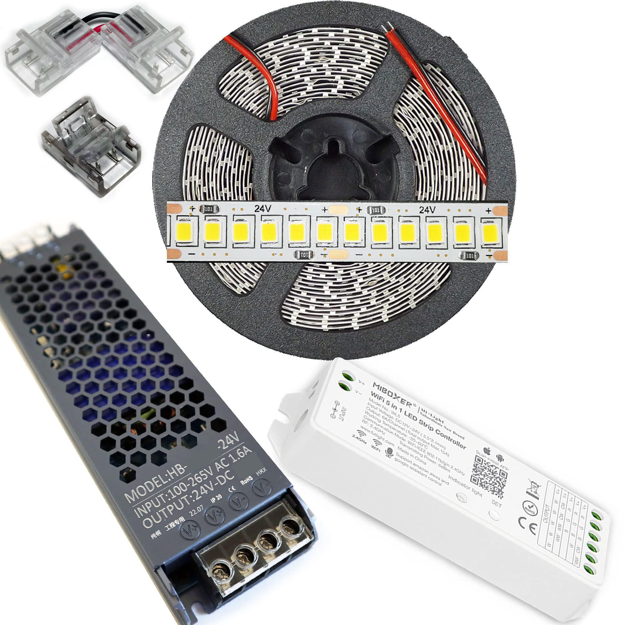 Striscia Led da 5 Metri + 1 Trasformatore Slim da 150w + 1 Controller Wifi Altissima Luminosità 24V Luce Bianco Naturale 4500k smd2835 ip20 Strip