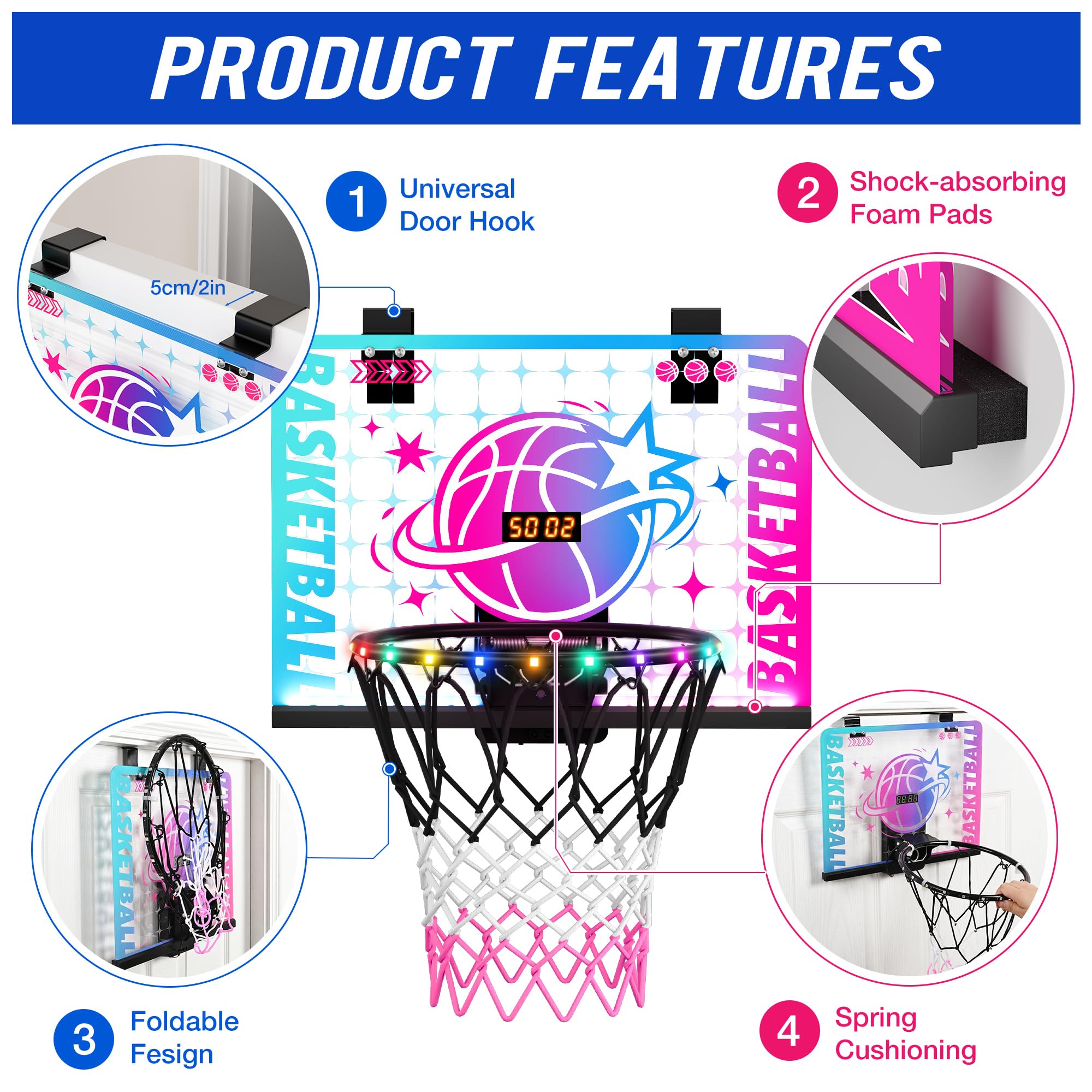 ROPODA Canasta de Baloncesto Infantil, Mini Canasta Baloncesto Habitacion con luz LED, Control Remoto & Marcador, Regalos de Cumpleaños de Navidad para Niños y Niñas de 3+ Años, Azul & Morado
