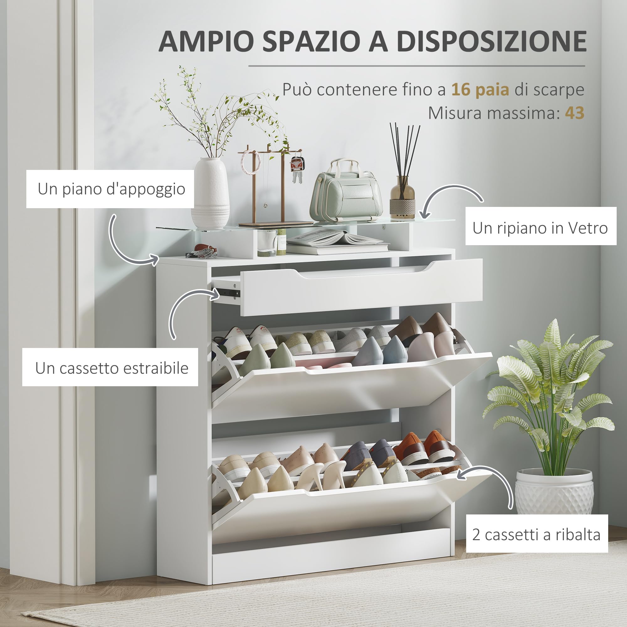 HOMCOM Scarpiera Salvaspazio Slim con 2 Ante a Ribalta e Cassetto, Scarpiera Ingresso in Vetro con Ripiani Regolabili su 2 Livelli, Porta Scarpe per 16 Paia con Maniglia, 89x23x96cm, Bianco Lucido