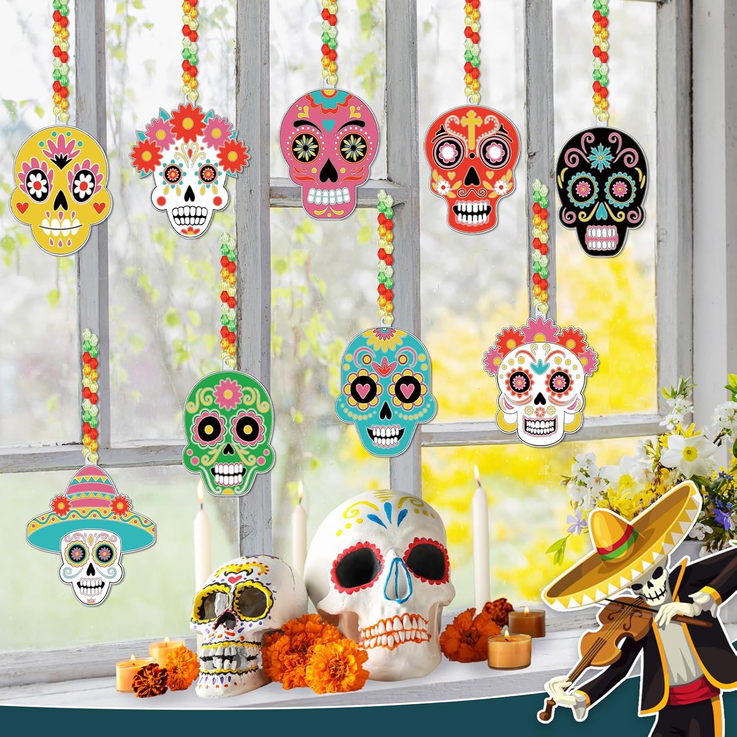 Pasimy 36 Sets Day of The Dead Suncatchers Paint Craft Kits Dia De Los Muertos Window Hanging Ornaments Decorations DIY Paint Your Own Sugar Skull Skeleton Art Project Halloween Party Favors Gifts