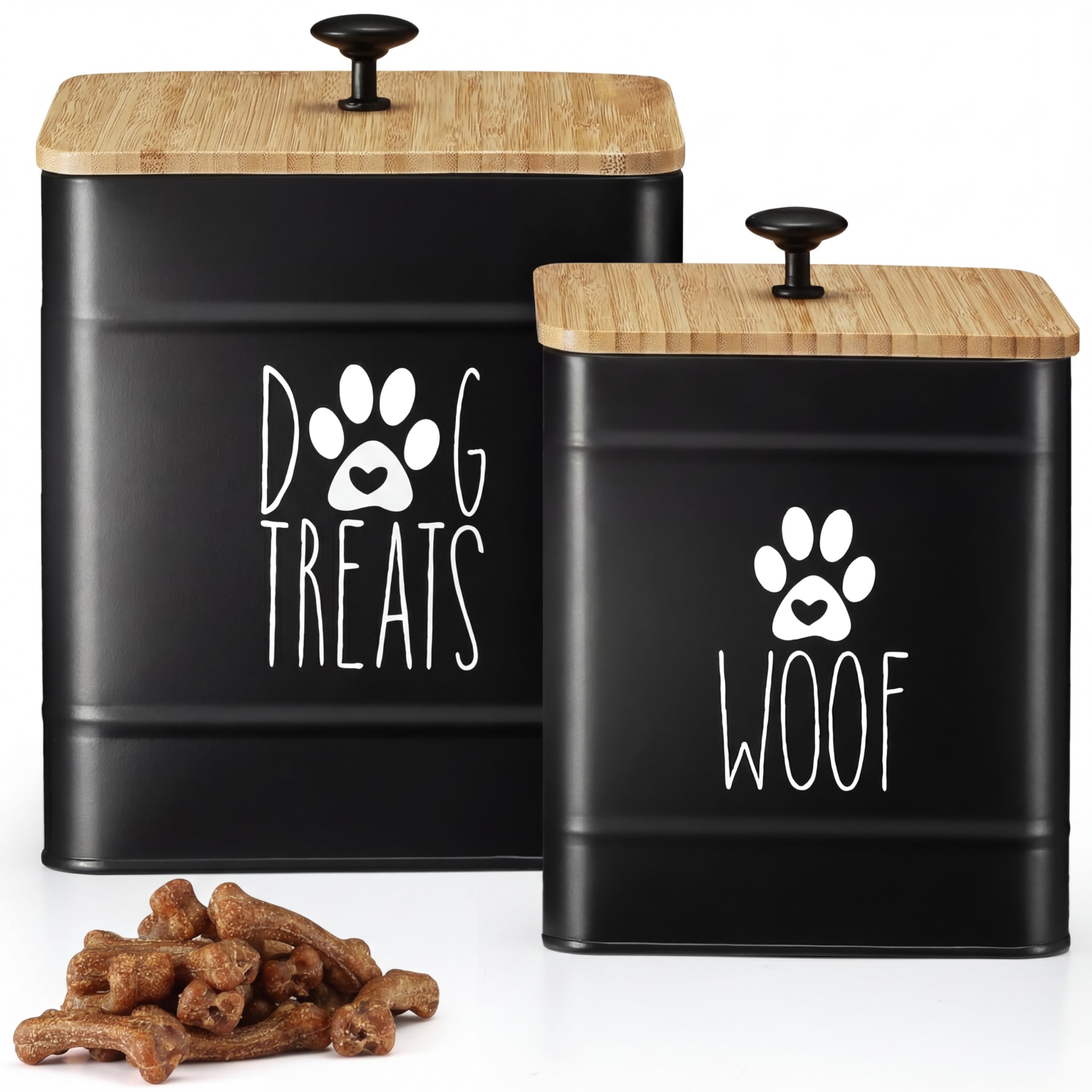 Perfnique Black Dog Treat Container, Dog Treat Jar Set Of 2 With Airtight Lid, Dog Cookie Jar For Kitchen Counter, Pet Treat Container, Dog Treat Canister And Storage, 7.8X6.2 & 7.3X5.5(Black)