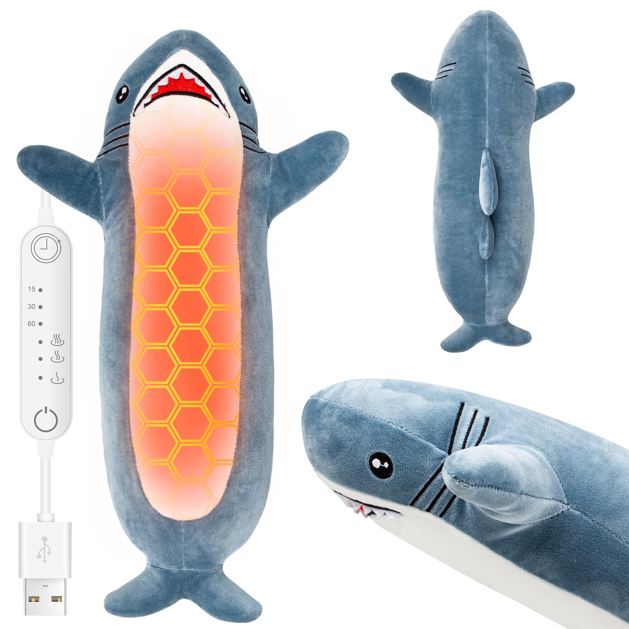 HOTHUGZ Shark Heating Pad - Cute Soft Plush Heating Pad for Cramps & Pain Relief, Unique Stuffed Animal Design, Wireless Portable Electric Heat Pad, Universal USB Powered, Gift for Kids & Adults
