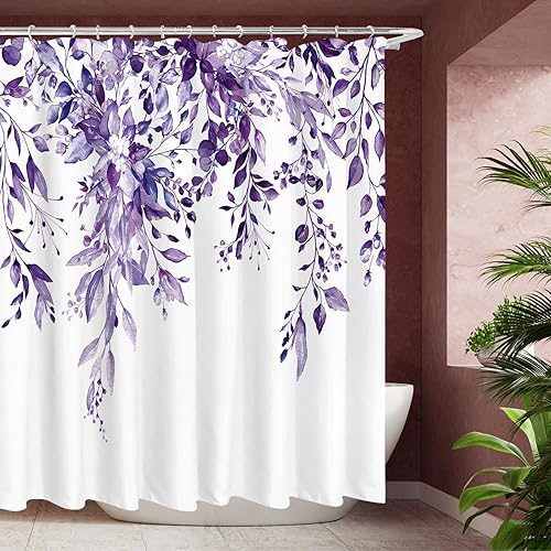 Miniatura 28 de Tititex - Juego de cortinas de ducha de hojas de eucalipto verde con cierres de presión, sin ganchos, forro interior verde, hojas de acuarela en la