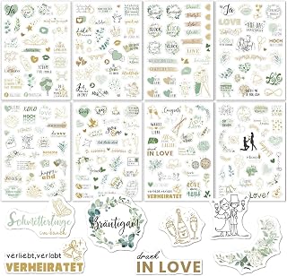 ARYIMYDP Pegatinas Boda Libro de Firmas, 8 Hojas Verdes con Frases Alemanas, Stickers para Álbum de Fotos Scrapbooking Tar...