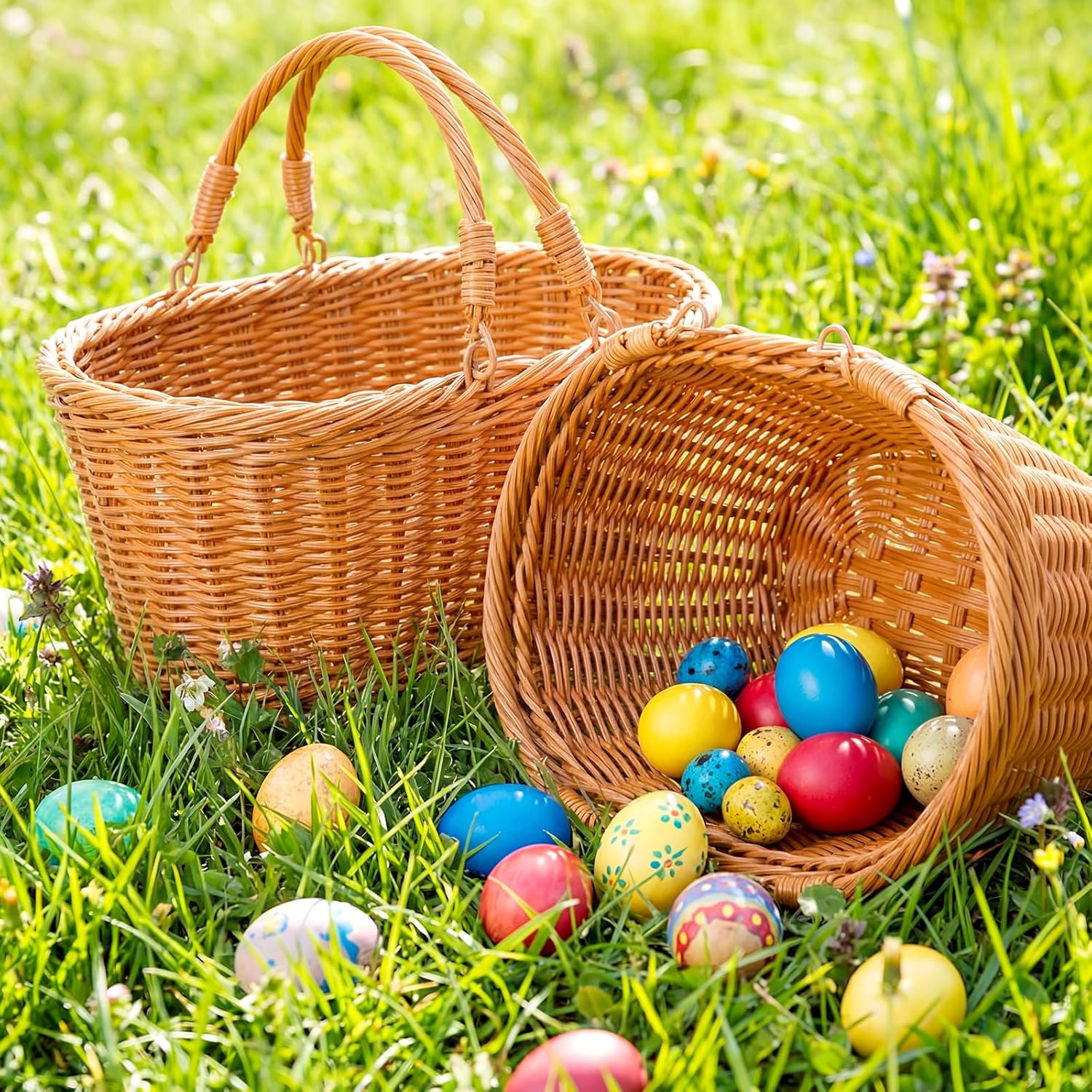 4 Pcs Extra Large 12'' Easter Basket Essentials with Handle Natural Wicker Woven Big Easter Baskets Bulk for Egg Hunt Party Favors Spring Picnic Rattan Candy Gifts Storage Home Garden Decor