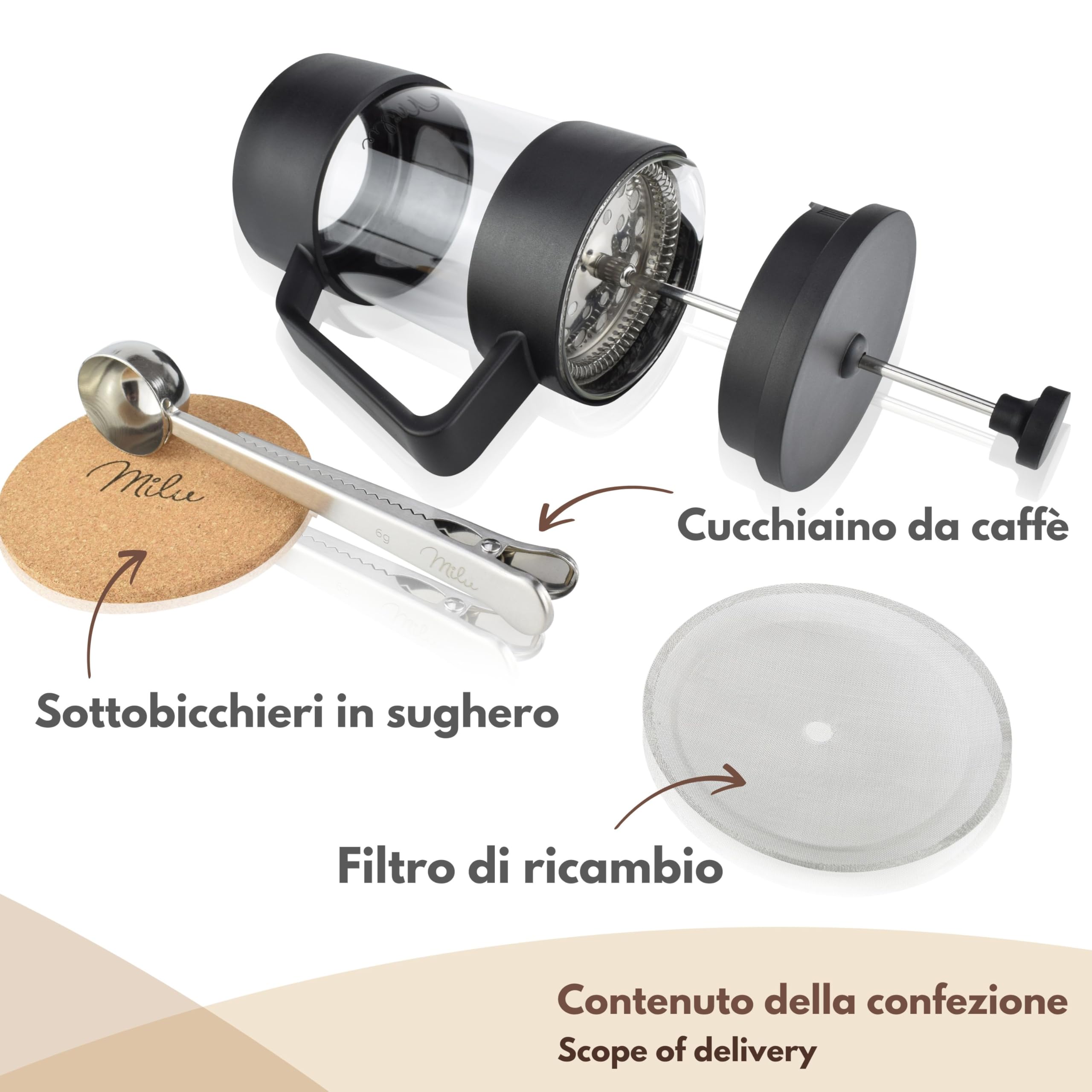 Milu Caffettiera francese Pressa per Caffè | 350ml 600ml 1L | Vetro French Press Caffettiera stantuffo (Nero, 600ml (3 tazze)