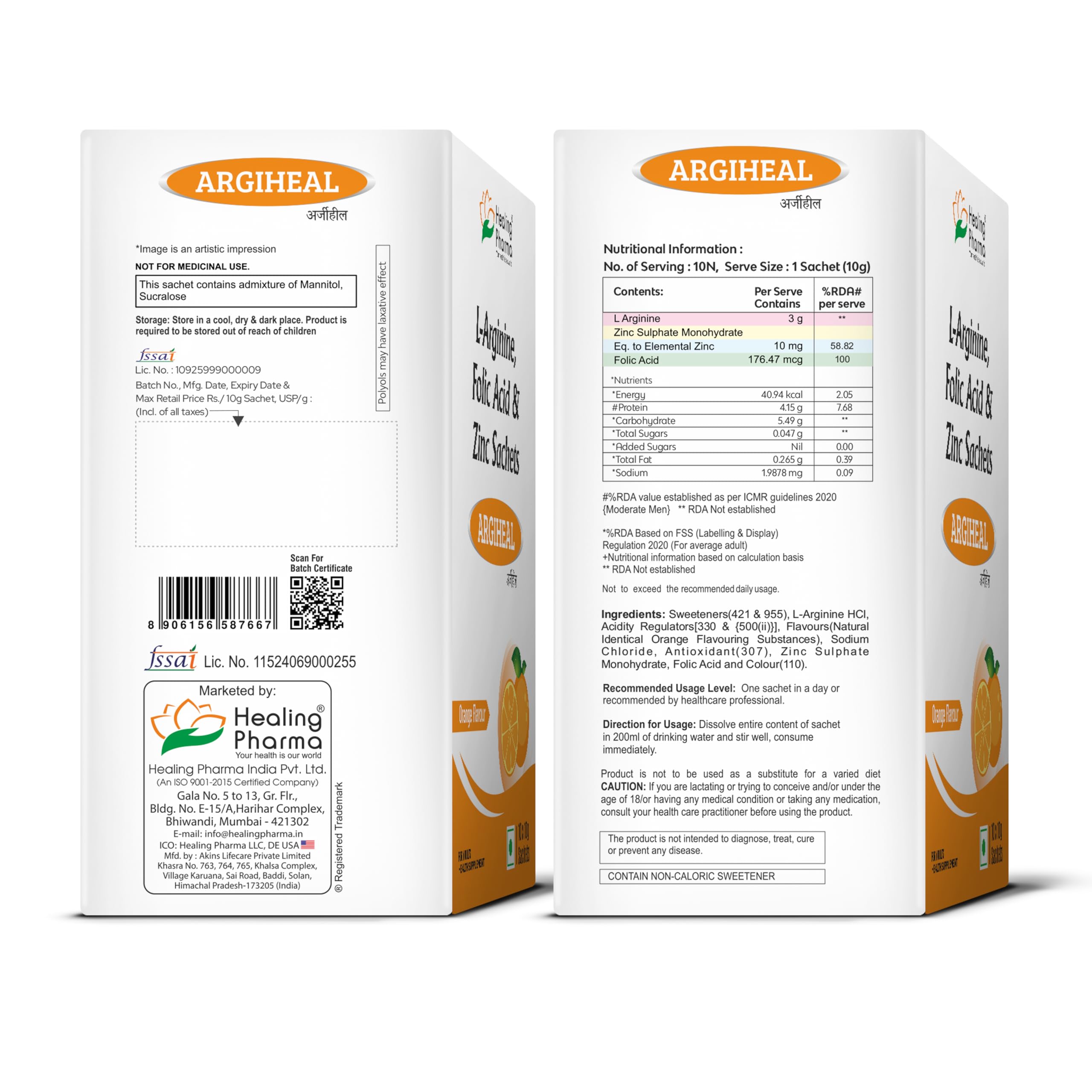 Healing Pharma - ARGIHEAL 3g L-Arginine Powder Sachets | Supports Stamina, Blood Flow & Muscle Recovery | Pre-Workout Supplement For Men & Women | No Added Sugar | Orange Flavour - 10g (Pack of 10) 4