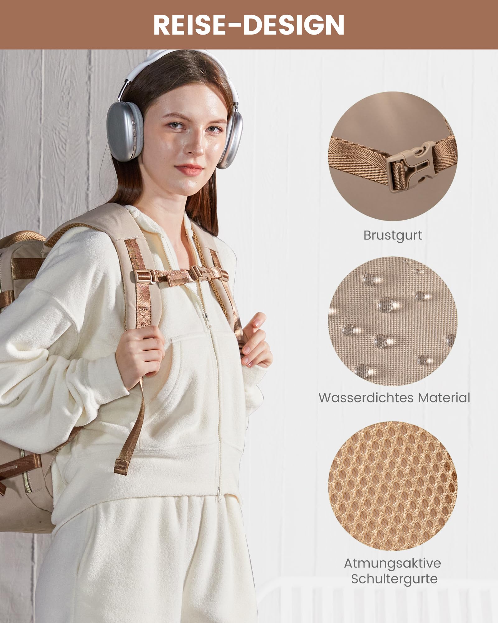 LOVEVOOK Bagaż podręczny, plecak podróżny, 40 l, kieszeń na laptopa, wodoszczelny, 15 kieszeni (Khaki-beż-brąz piaskowy, 18 cali – 50 L – 4 szt)