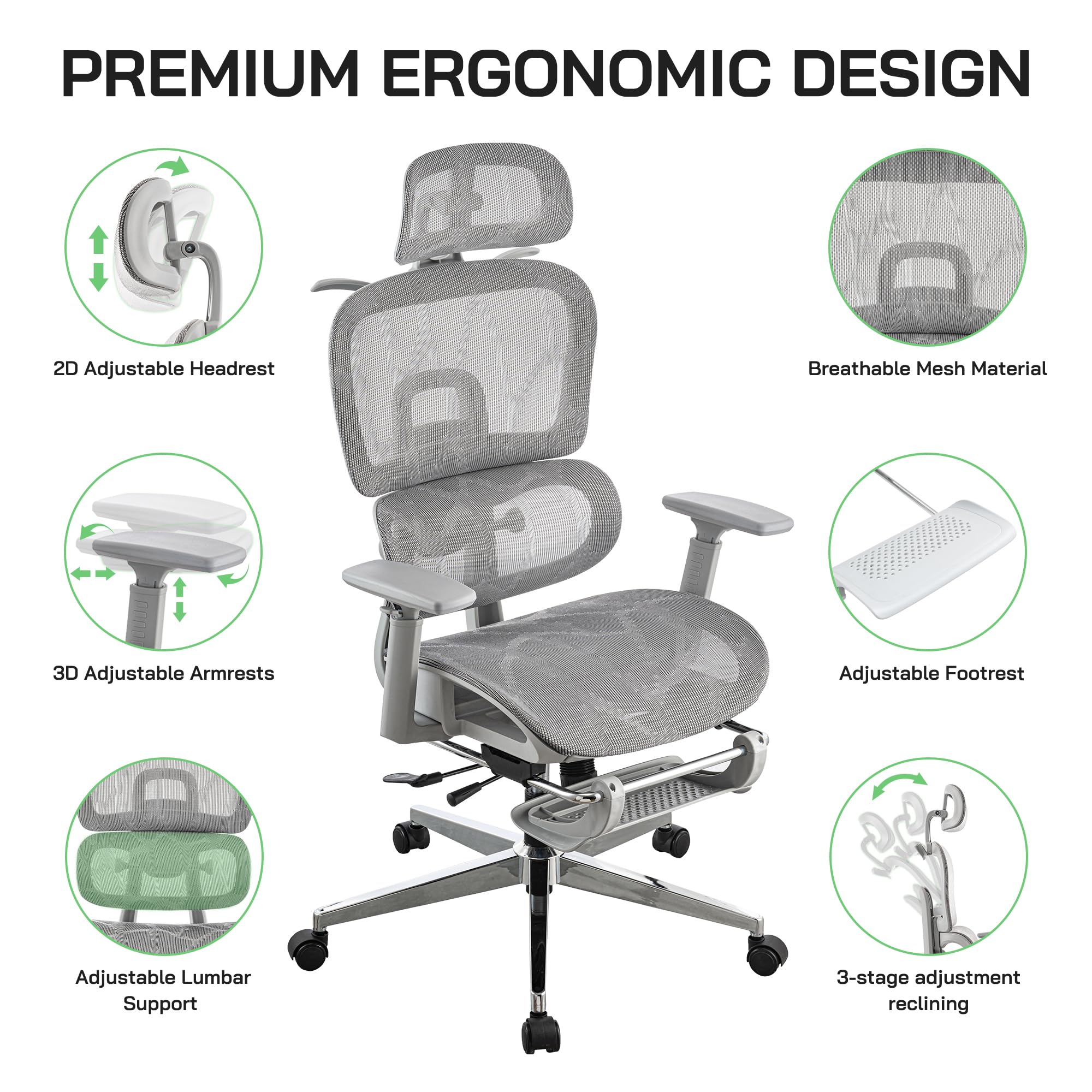 Silla de oficina ergonómica de malla con reposapiés, silla de juegos de malla de respaldo alto con soporte lumbar, soporte de espalda, reposacabezas y reposabrazos ajustables para oficina en casa 3