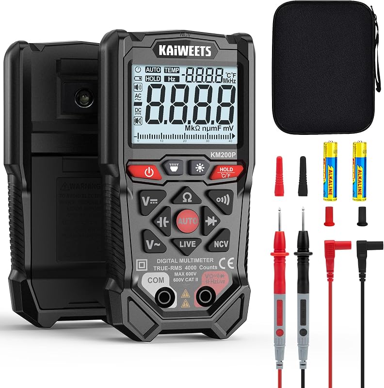Multímetro digital KM200P, funcionamiento con todos los botones, rango automático TRMS, 4000 recuentos, NCV, voltímetro óhmetro, medida rápida y precisa voltaje CA/CC, resistencia, continuidad, capacitancia