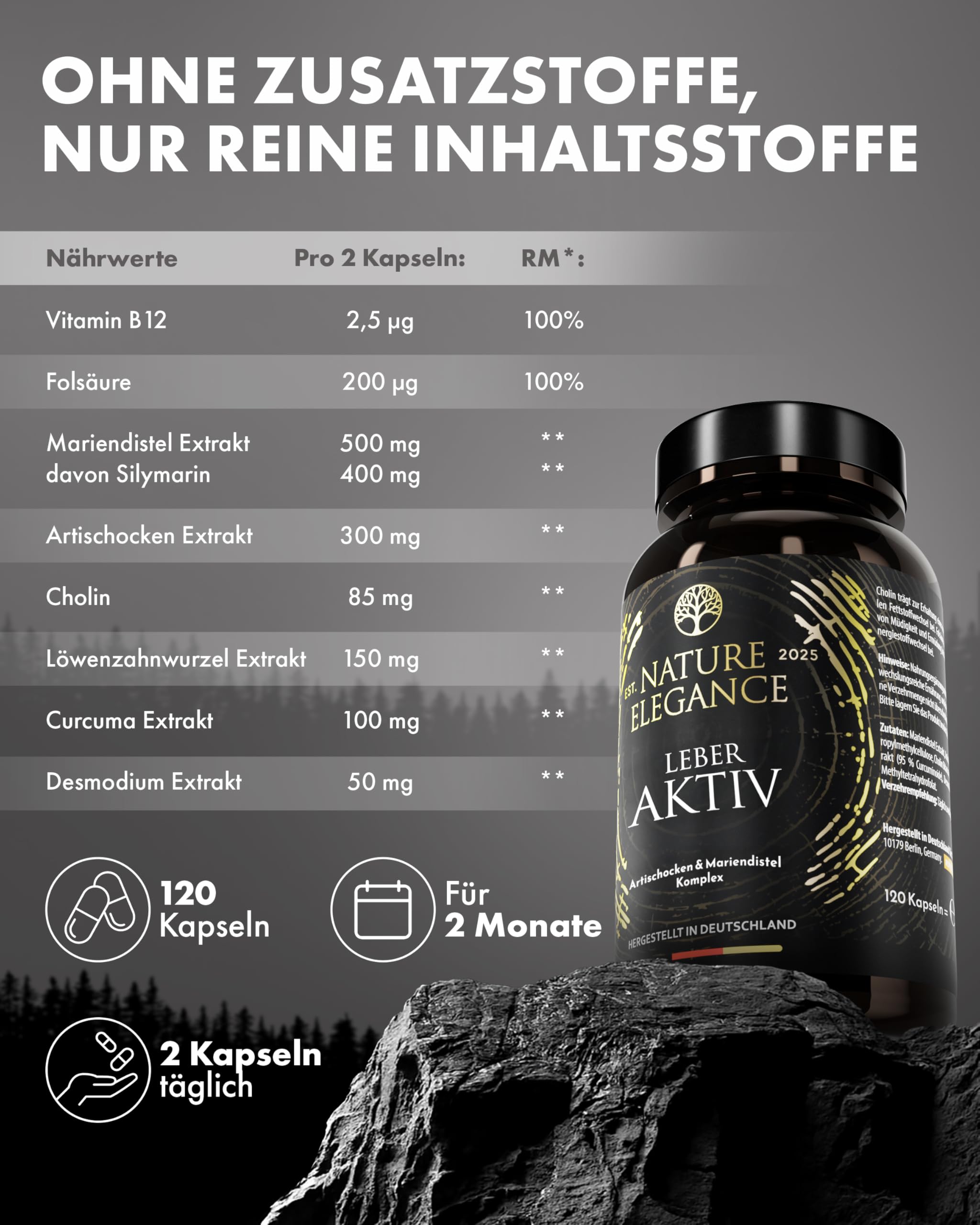 NATURE ELEGANCE Leber Komplex – Hochdosierte Mariendistel Kapseln mit Artischocke, Löwenzahn, Curcuma, Desmodium & Cholin – Vegan & laborgeprüft - produziert in Deutschland