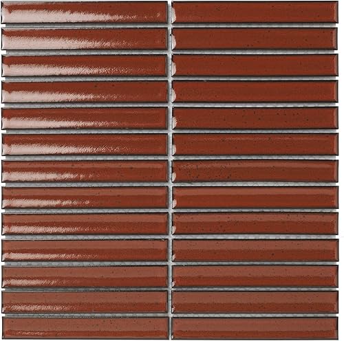 Hoja de mosaico de porcelana esmaltada Sevilla 6"x1" Kit Kat Finger Glossy Terra Red con motas (muestra)