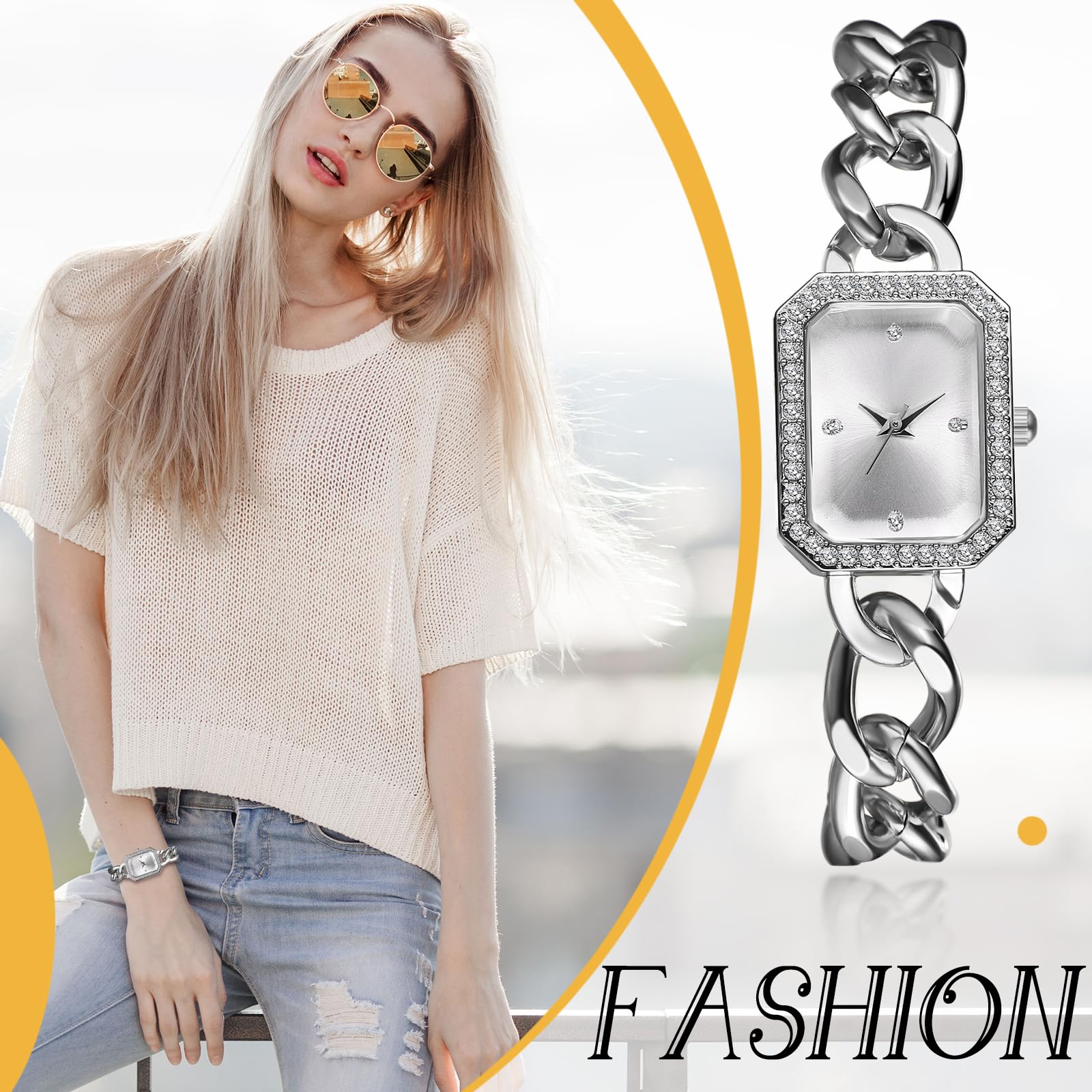 JewelryWe Zegarki damskie, analogowe, kwarcowe, luksusowe, eleganckie, datownik, kalendarz, 30 m, wodoszczelny, stras, prostokątny, ze stali nierdzewnej, biznesowy, z narzędziami do zegarka