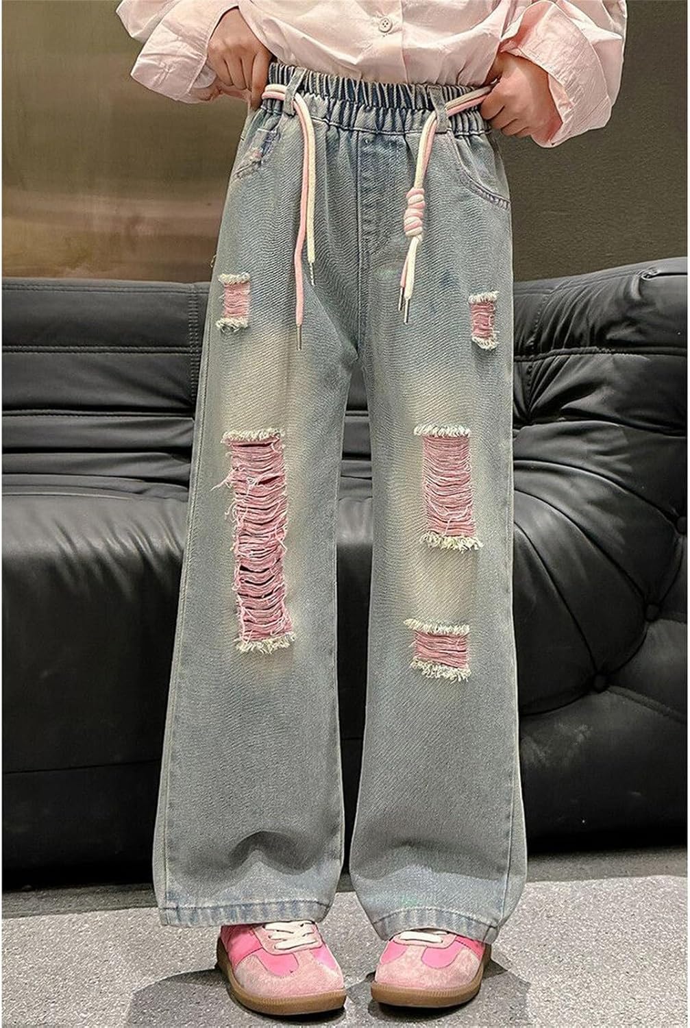 Big Girls Ripped Distressed Boyfriend Jeans Vintage Denim Pants Y2K Elastic Waist Baggy Jeans Casual Loose Fit Pants