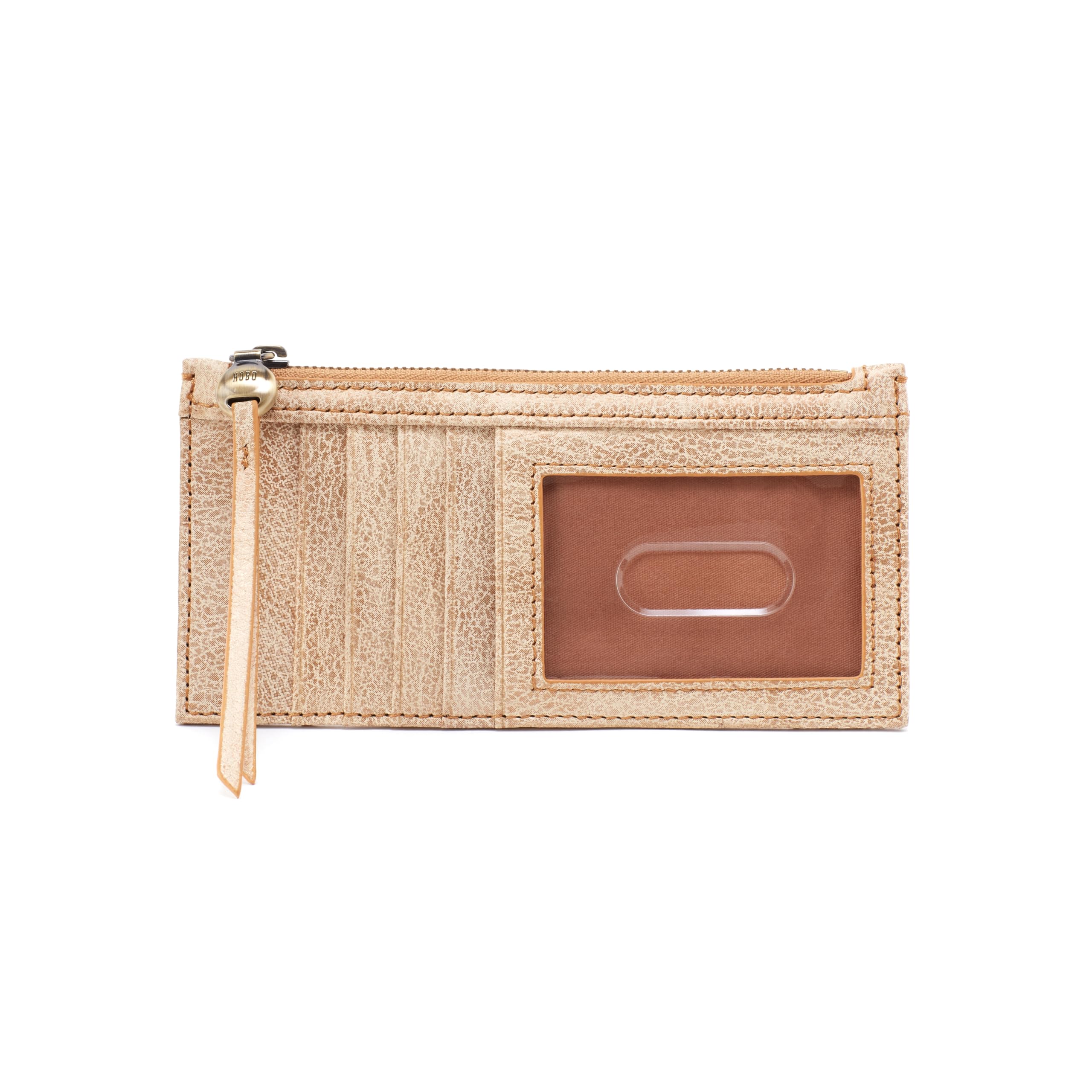 HOBO Carte Leather Minimalist Card Case with Zip Pocket for Cash, Business Card Holder, Protective ID Window, and Slim Design for Travel, Gold Leaf