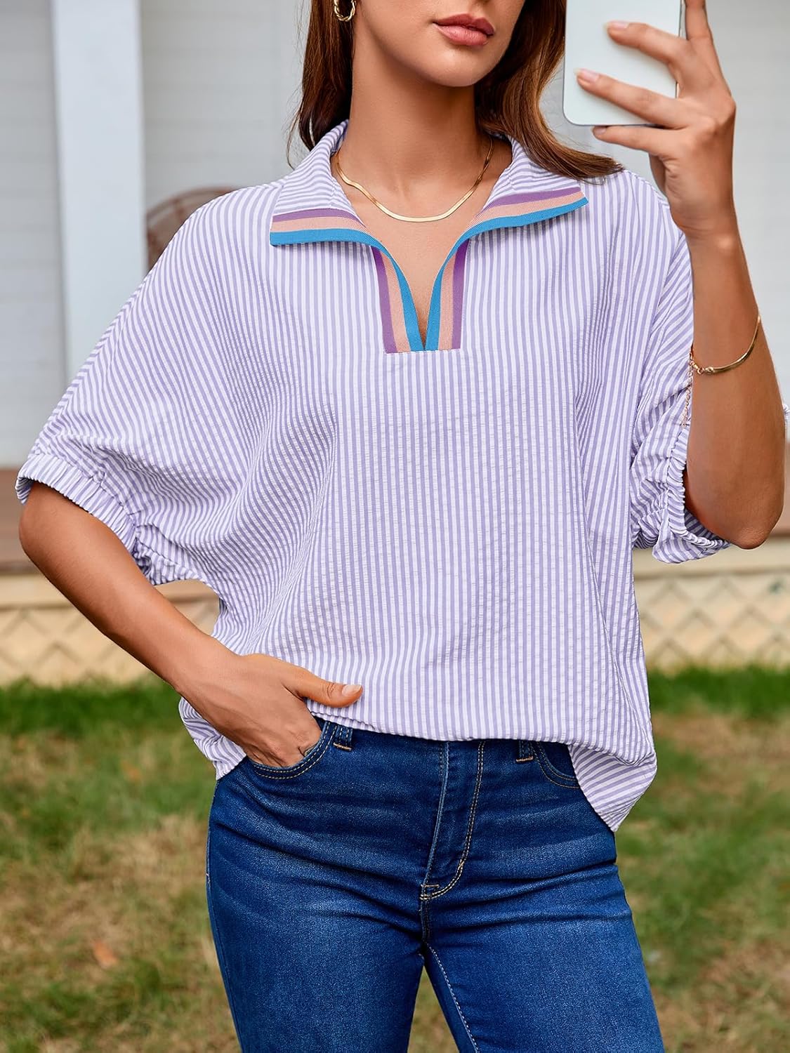 Tankaneo Womens V Neck Striped Blouse Oversized Dolman Sleeve Tops Summer Casual Loose Fit Polo Shirts - Image 5