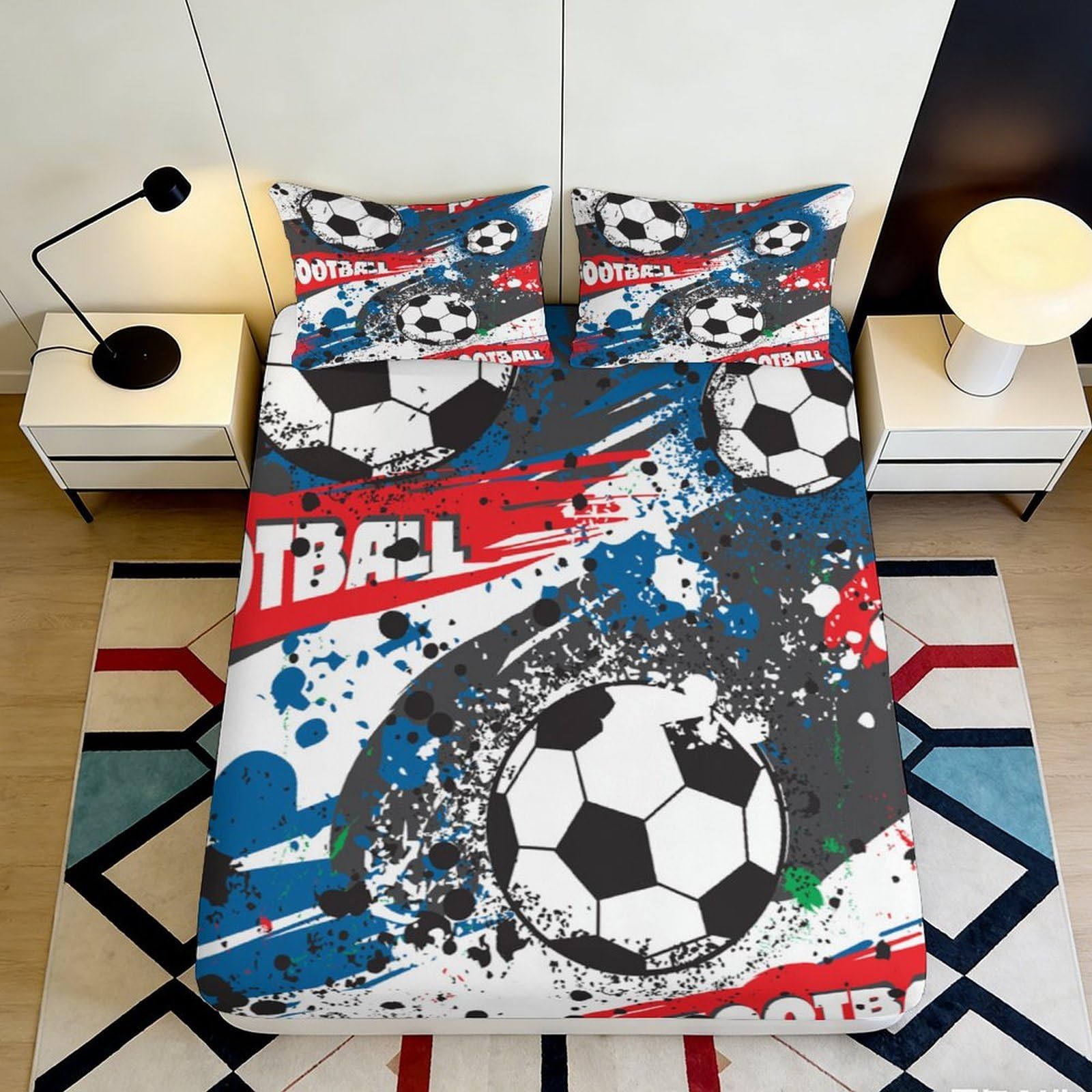 Jqzkxnhpbr Style-6 3D Printed Football Splash Fitted Sheet Microfiber Blue Red Graphic Soccer Mattress Cover Bedroom Decor 90X200x25cm