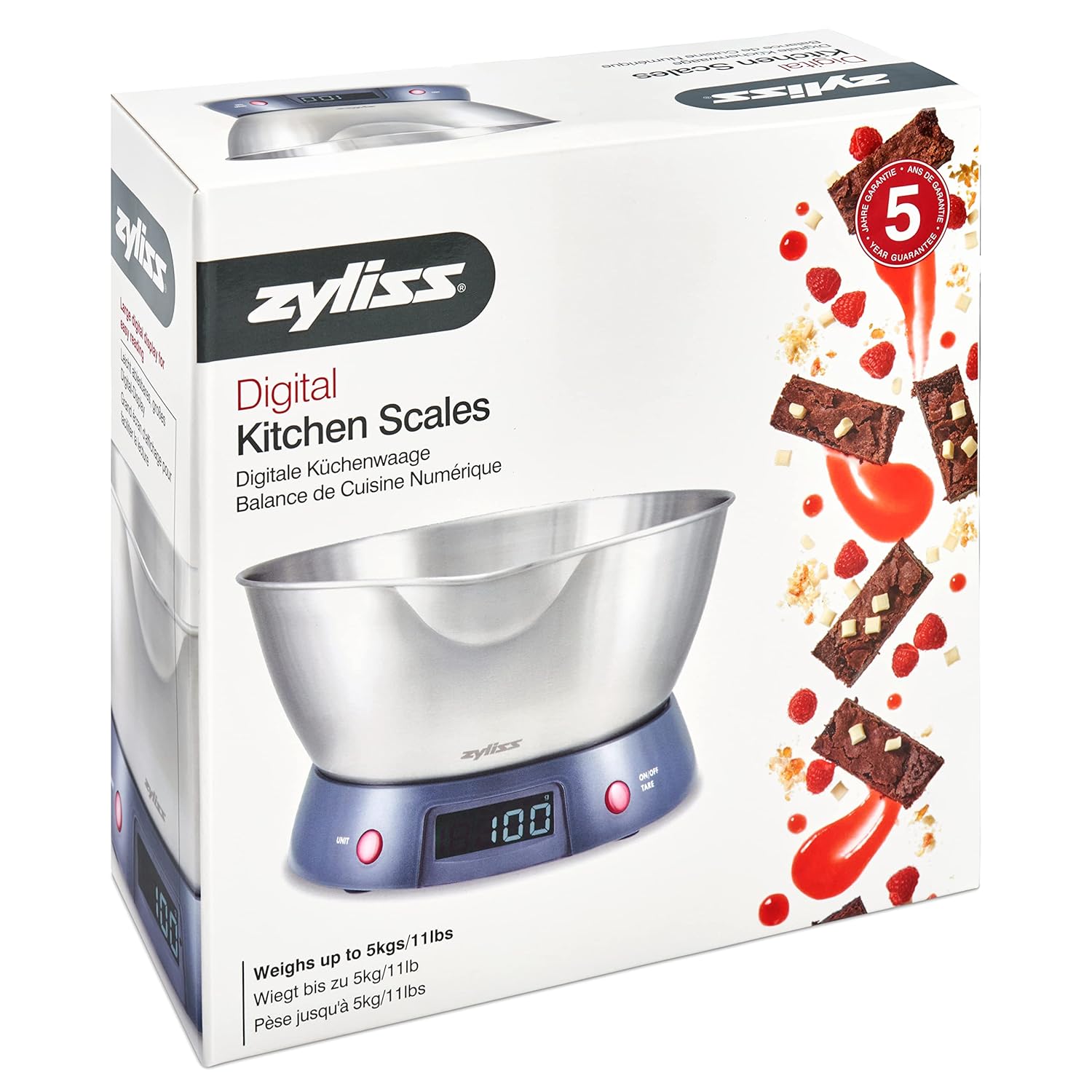 Zyliss E970054 Digital Kitchen Scales, Plastic/Stainless Steel, Silver/Blue, Weigh Food/Liquid, Stainless Steel Bowl with Spout